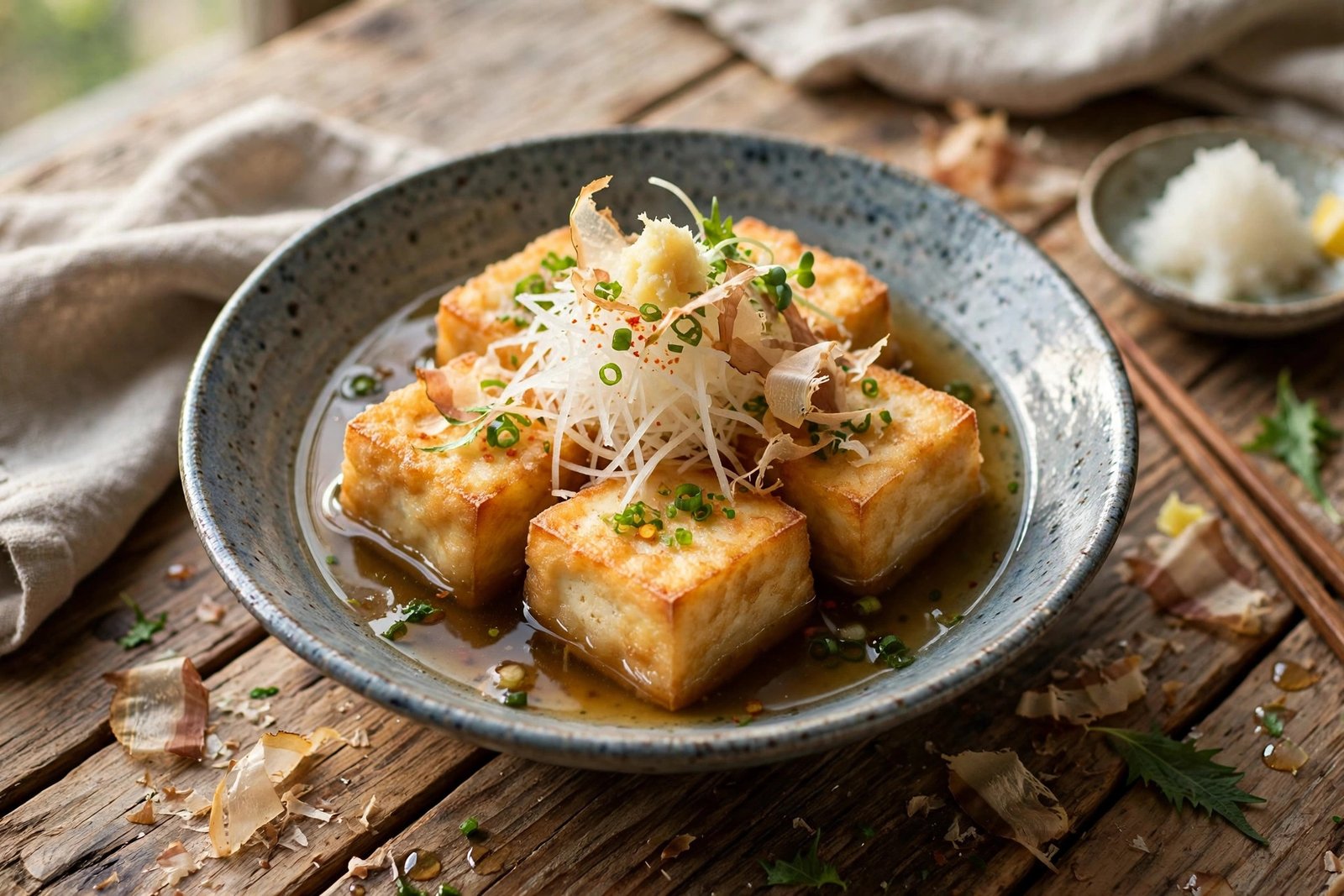 Agedashi Tofu served beautifully, ready to eat