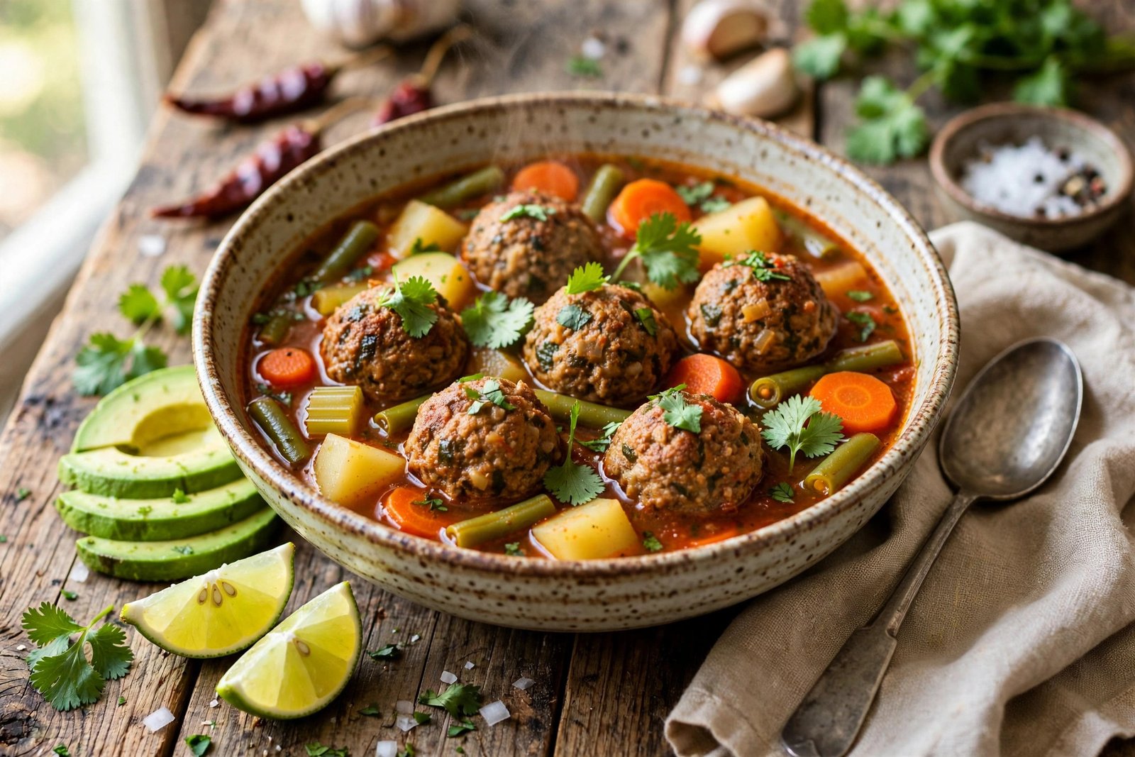 Albondigas Soup served beautifully, ready to eat