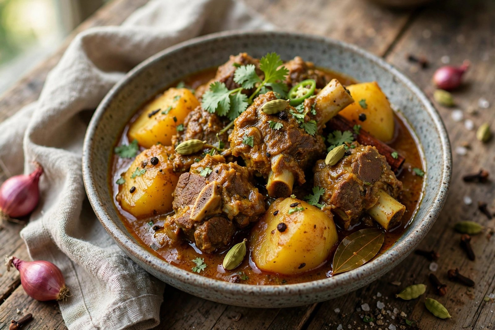 Aloo Gosht served beautifully, ready to eat