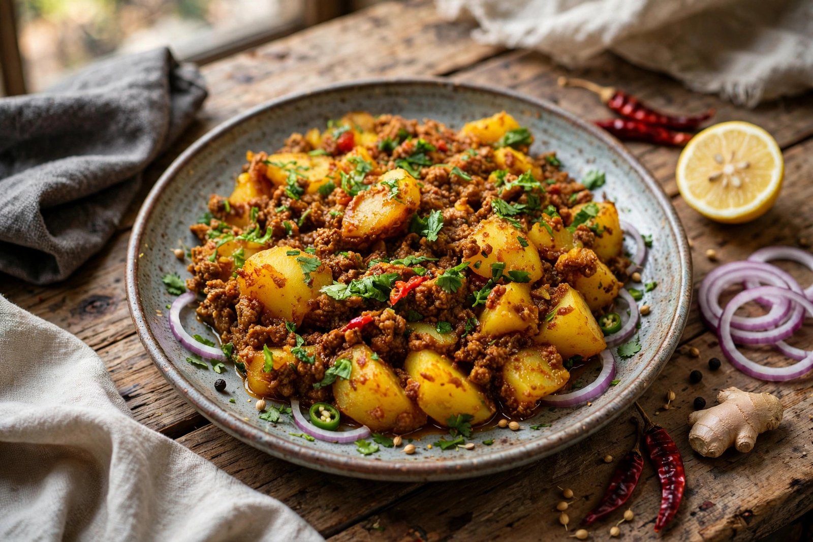 Aloo Keema served beautifully, ready to eat
