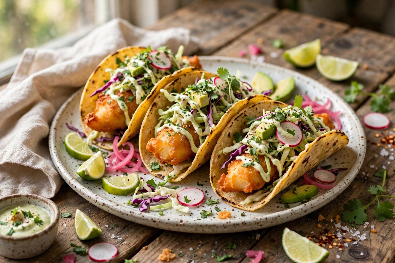Baja Fish Tacos served beautifully, ready to eat
