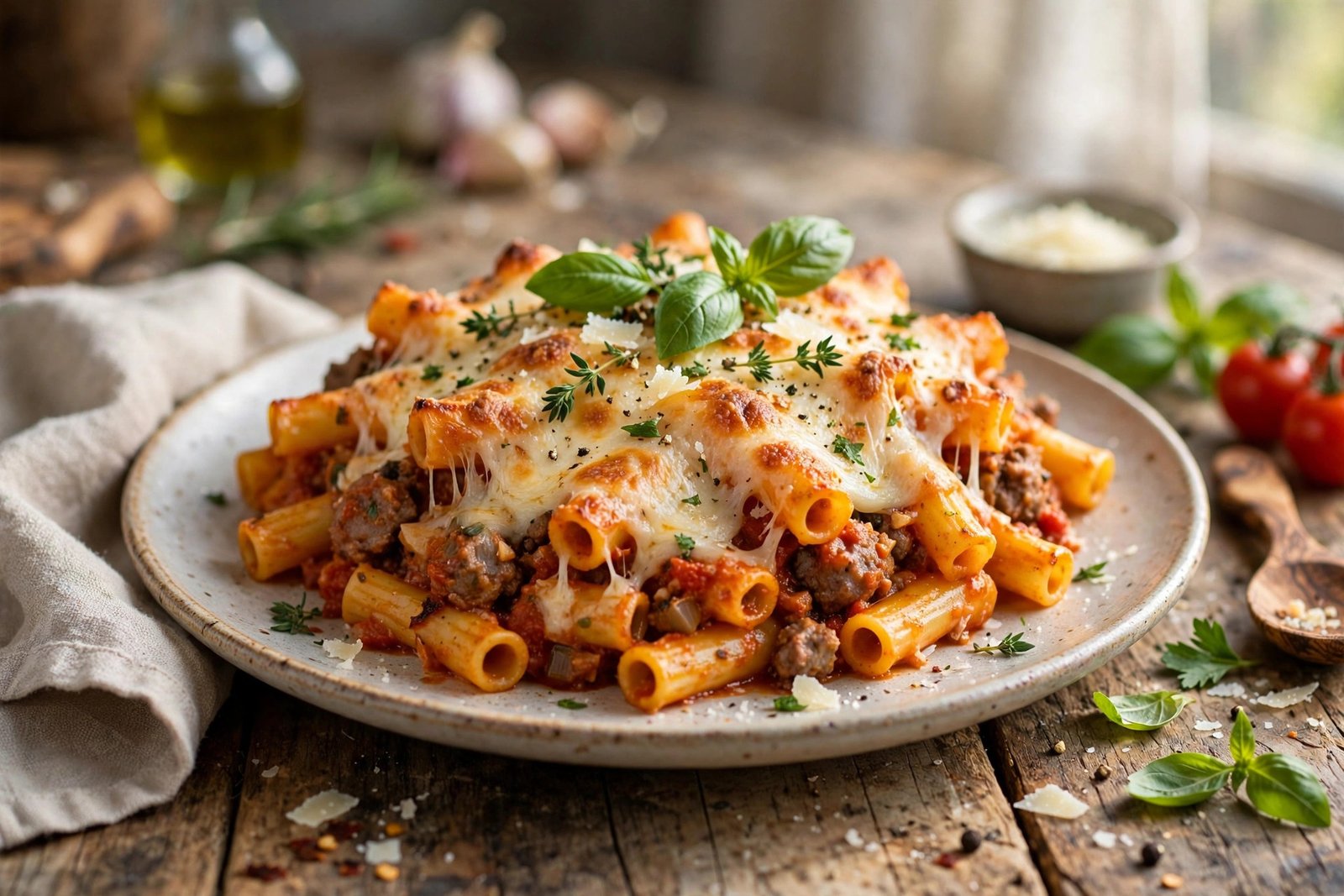 Baked Ziti served beautifully, ready to eat