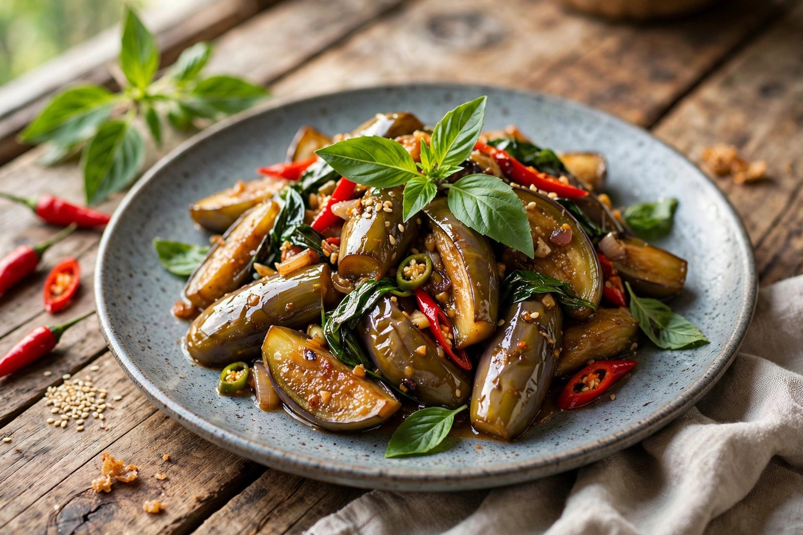 Thai Basil Eggplant served beautifully, ready to eat