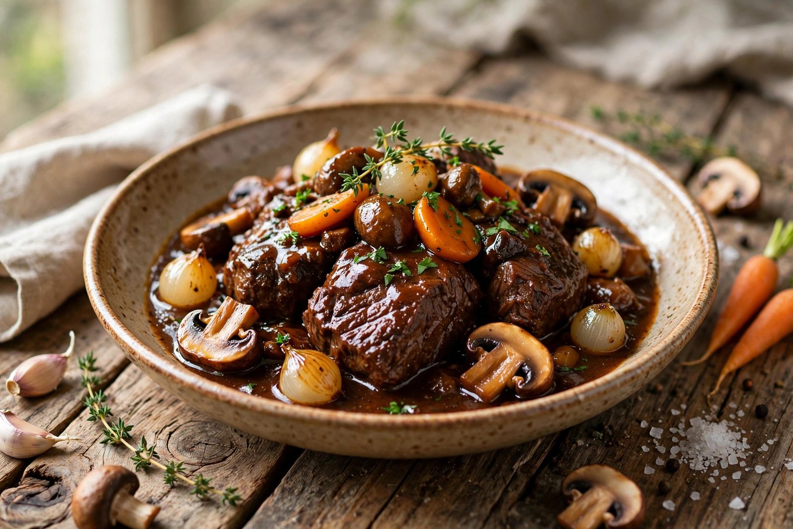 Beef Bourguignon served beautifully, ready to eat