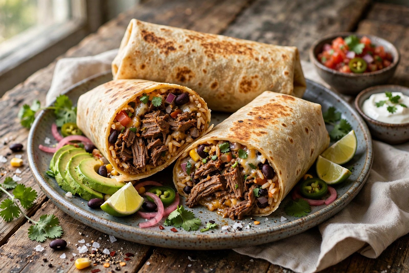 Beef Burritos served beautifully, ready to eat