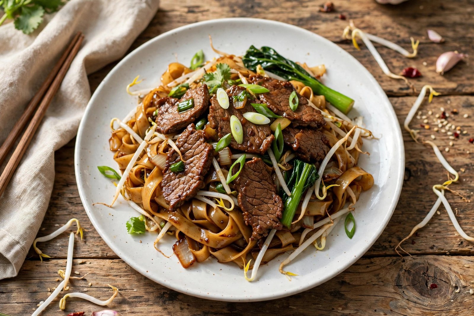 Beef Chow Fun served beautifully, ready to eat