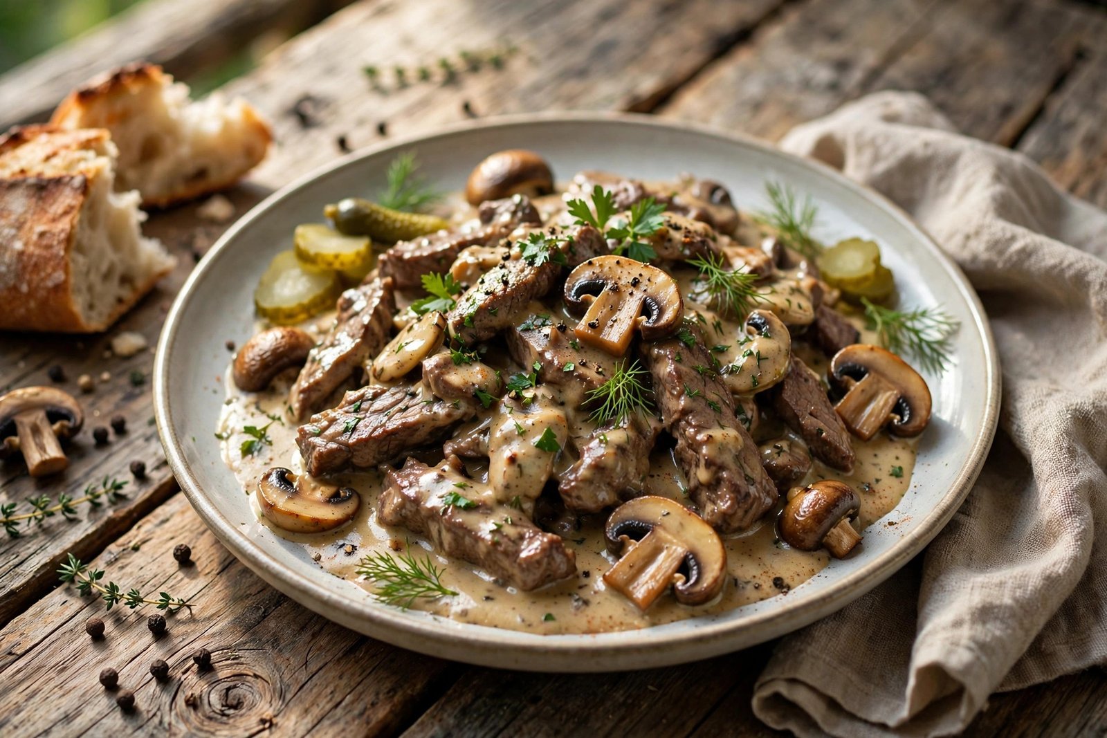 Beef Stroganoff served beautifully, ready to eat