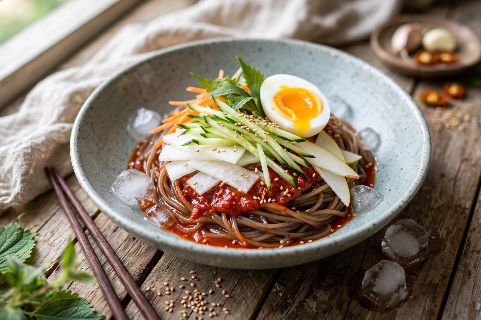 Bibim Naengmyeon served beautifully, ready to eat