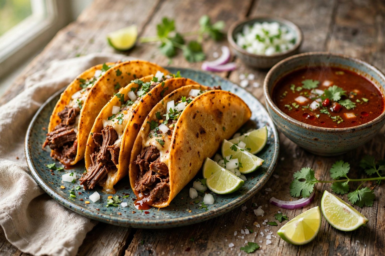 Birria Tacos served beautifully, ready to eat