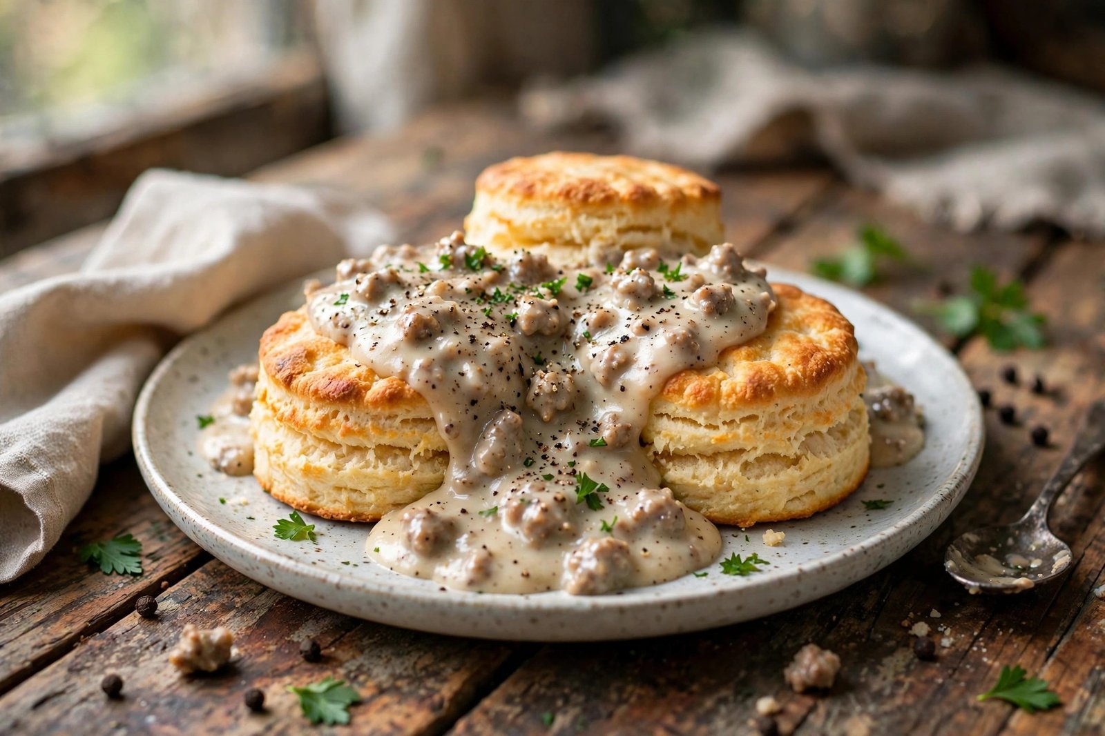 Biscuits and Gravy served beautifully, ready to eat