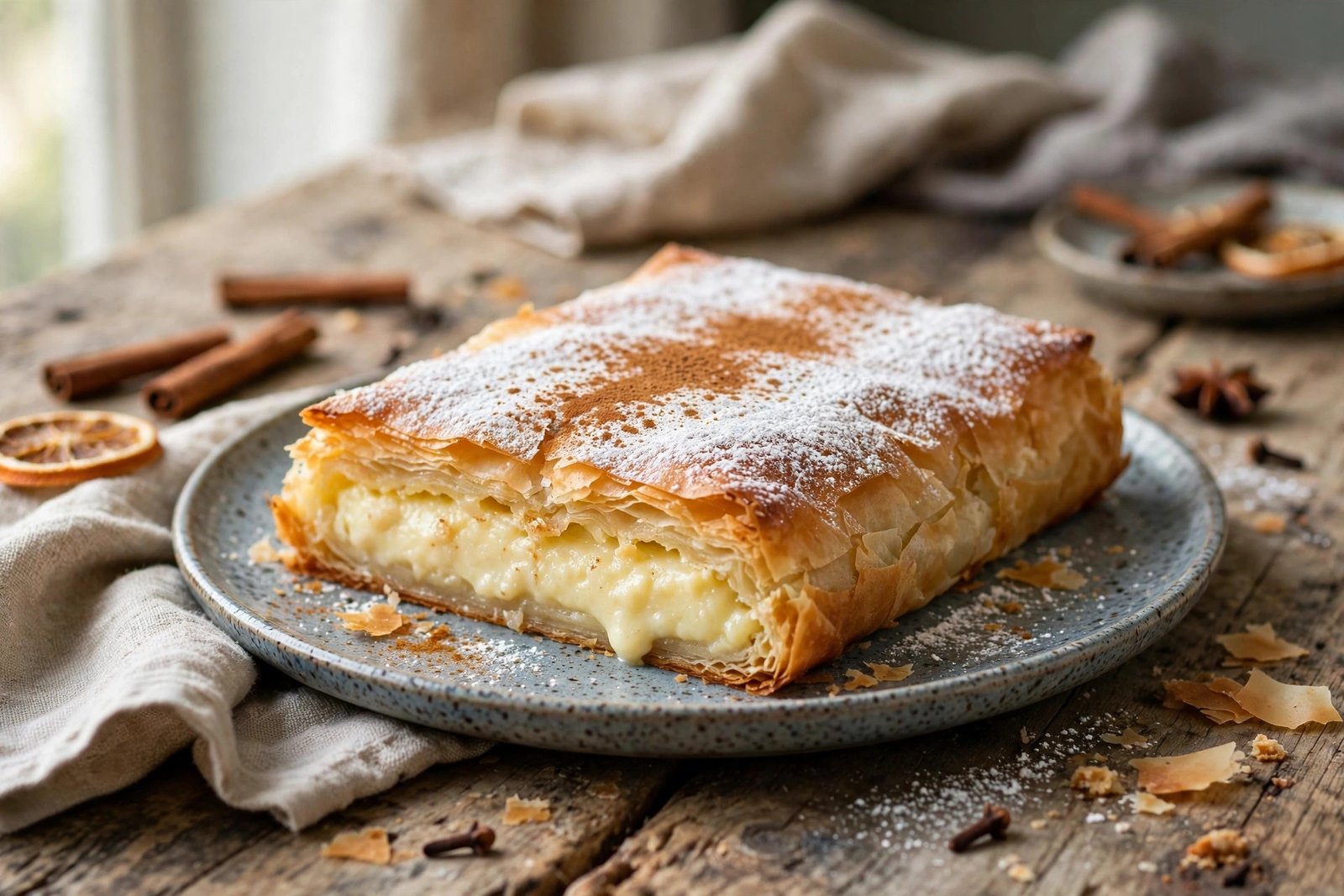 Bougatsa served beautifully, ready to eat