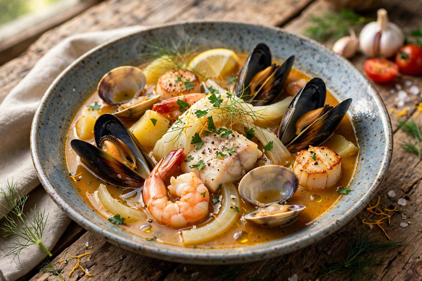 Bouillabaisse served beautifully, ready to eat