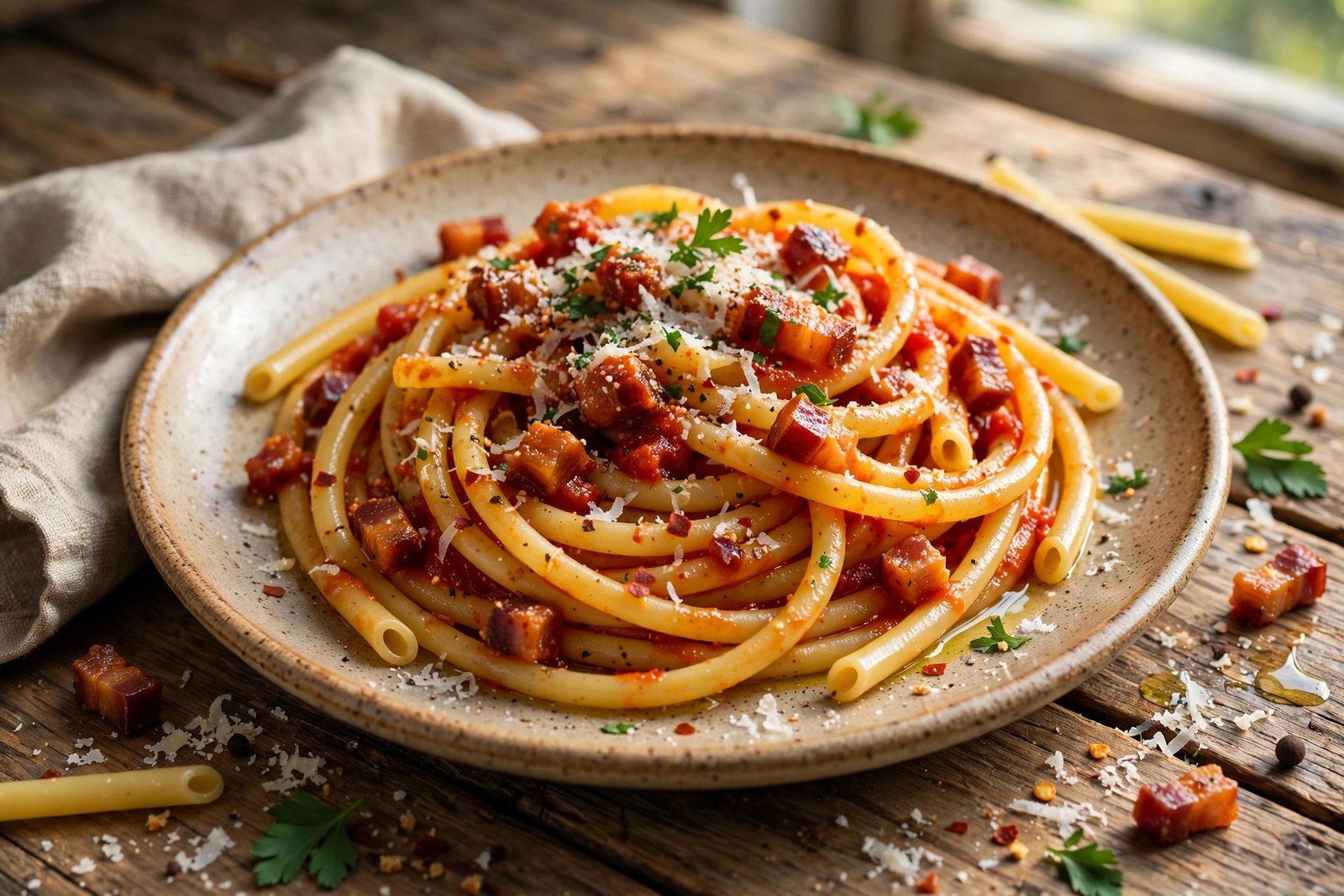 Bucatini all'Amatriciana served beautifully, ready to eat
