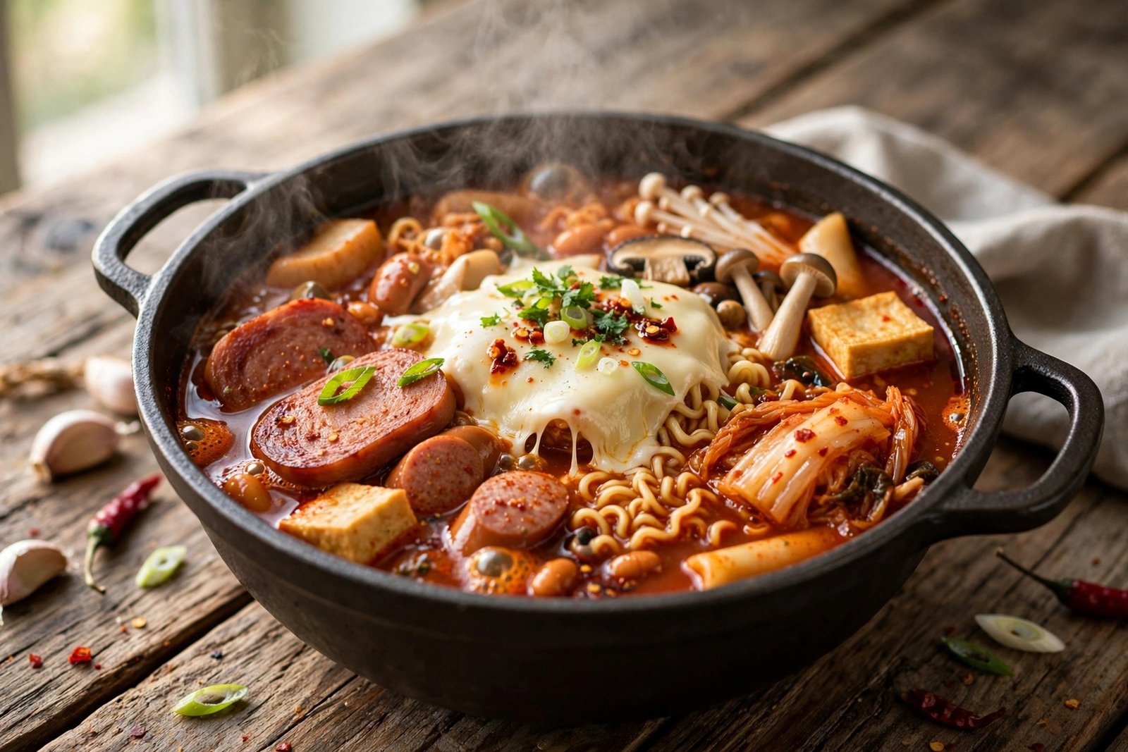 Budae Jjigae served beautifully, ready to eat