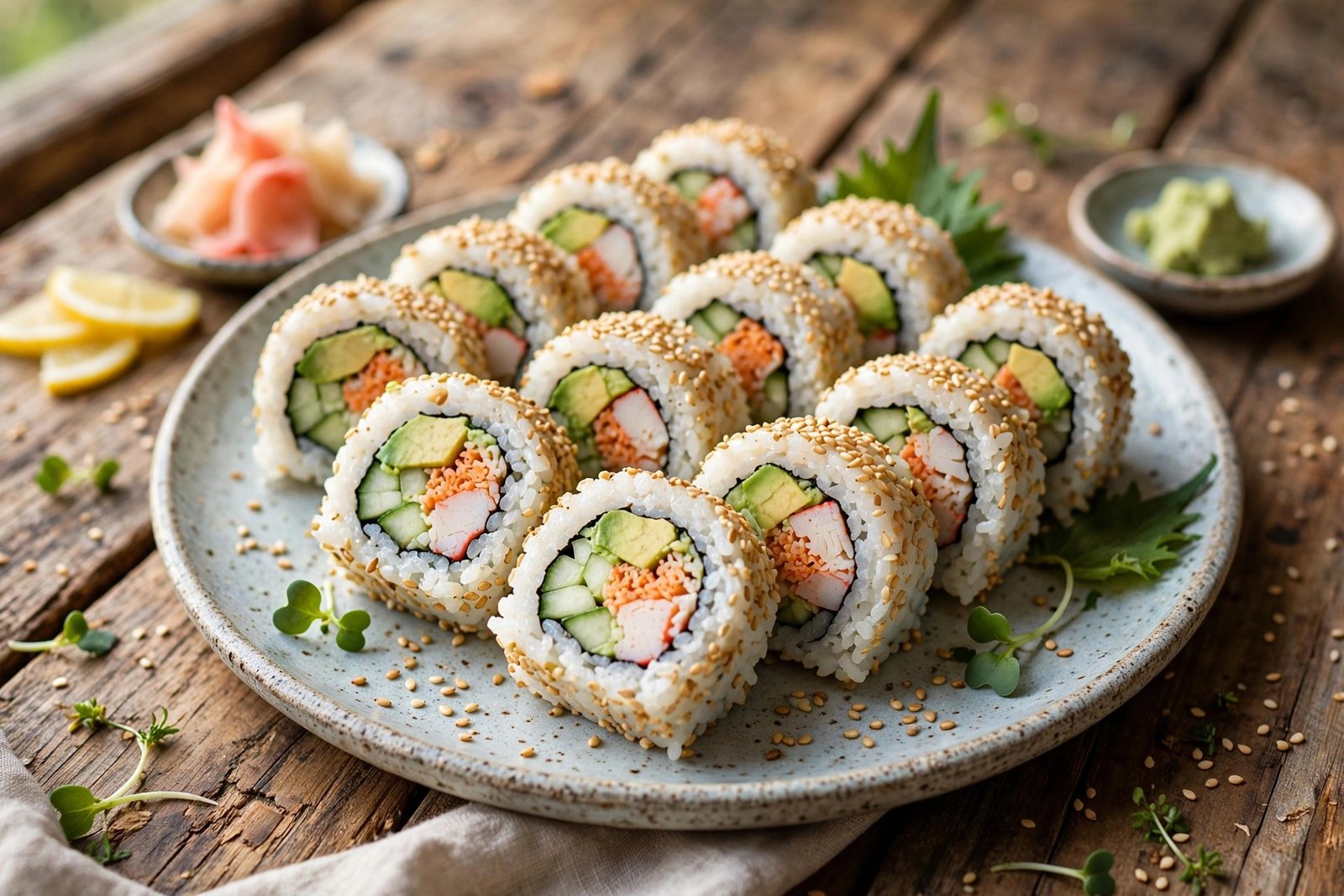 California Sushi Rolls served beautifully, ready to eat