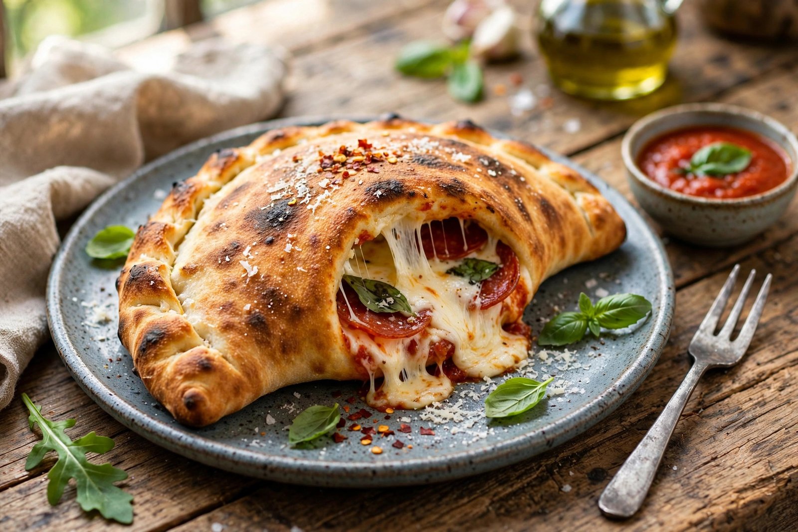 Calzone served beautifully, ready to eat