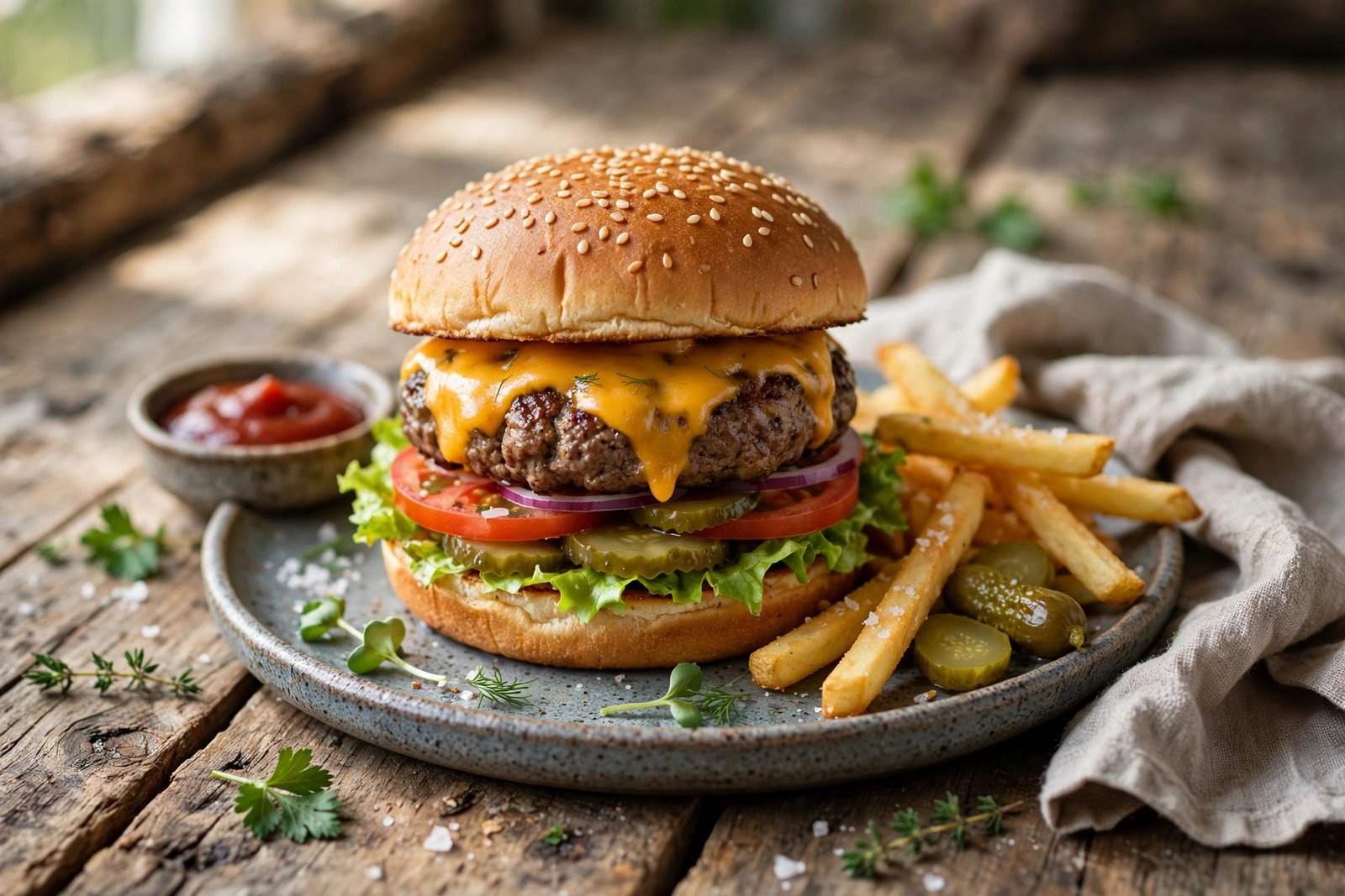 Cheeseburger served beautifully, ready to eat