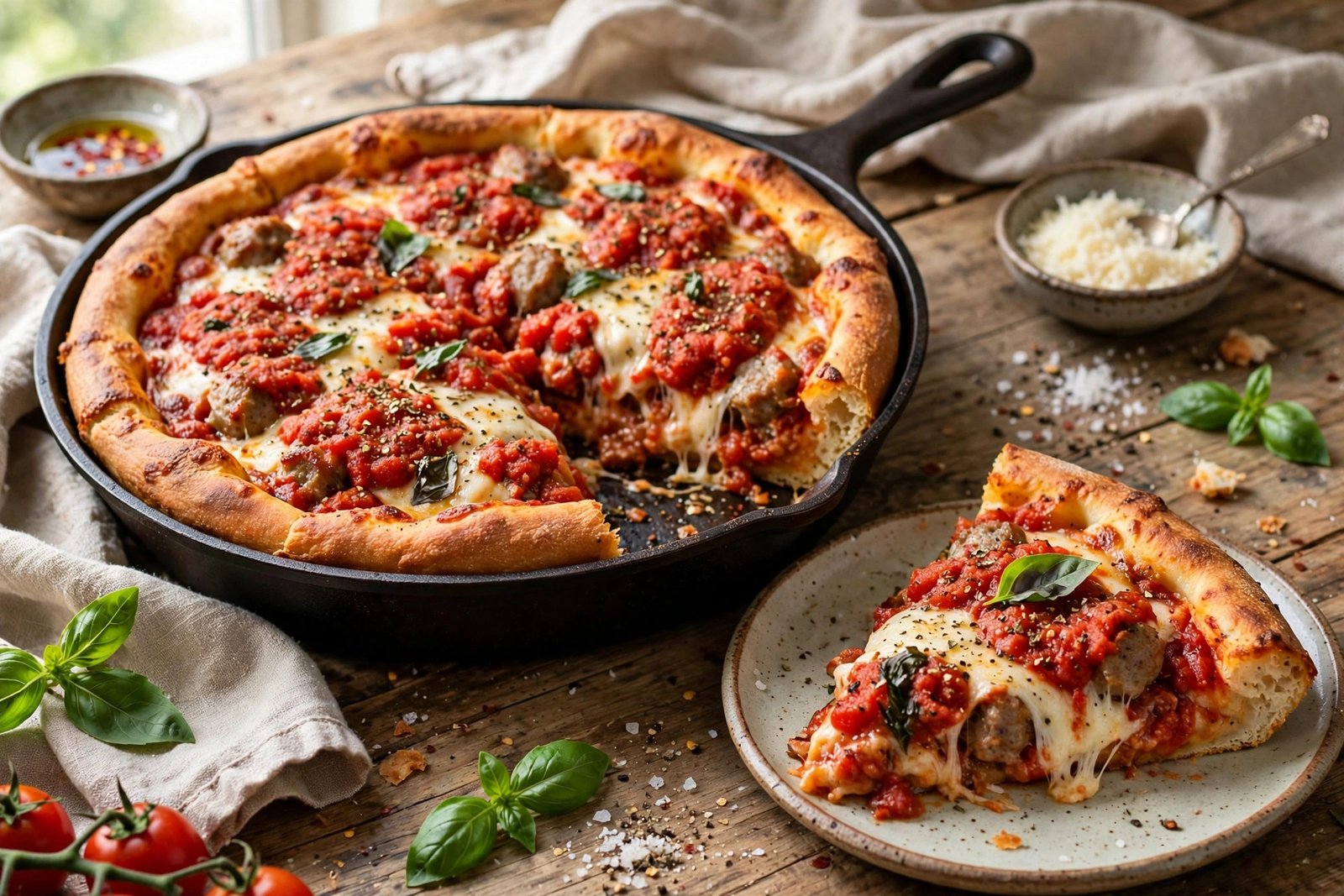 Chicago Deep Dish Pizza served beautifully, ready to eat