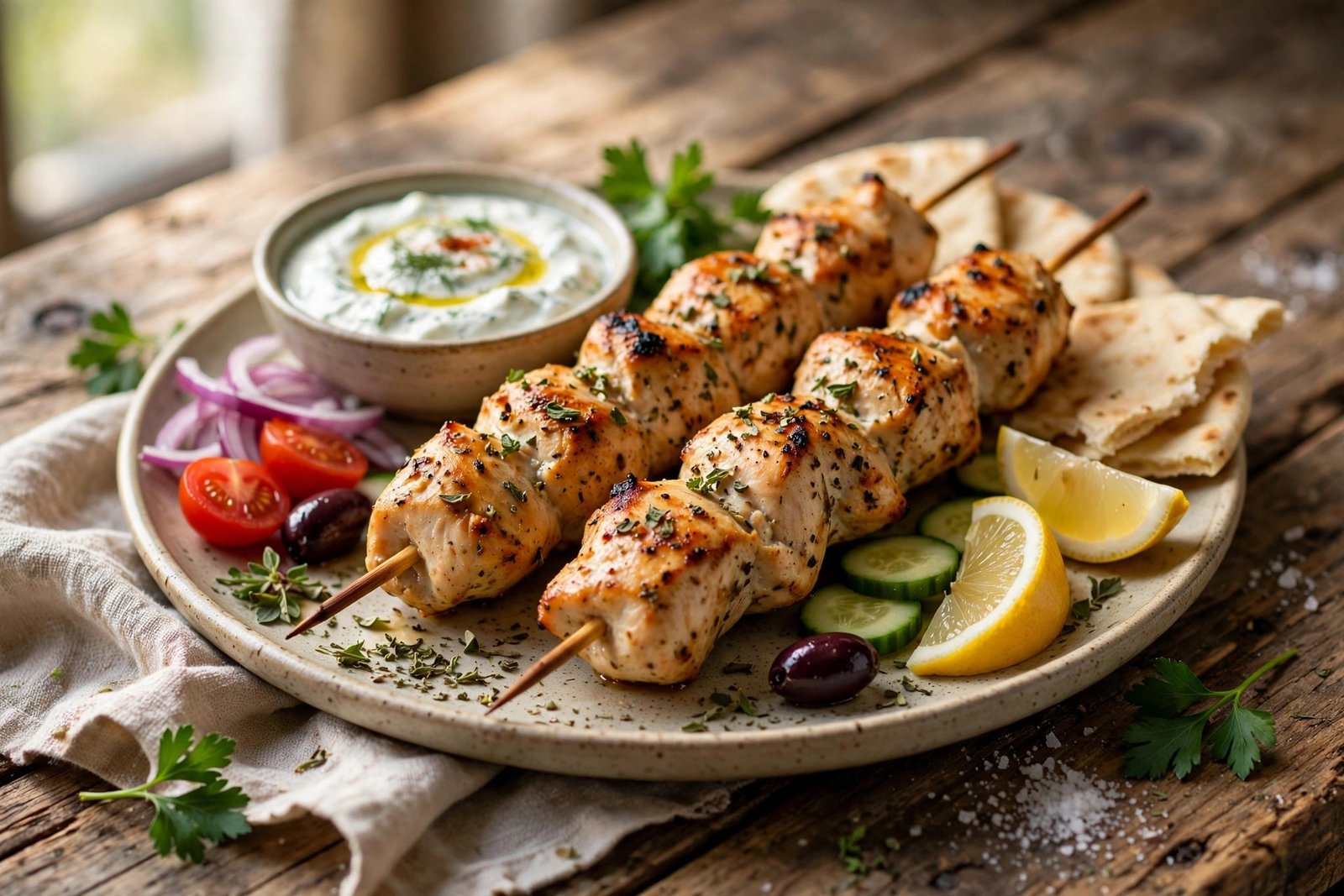 Chicken Souvlaki served beautifully, ready to eat