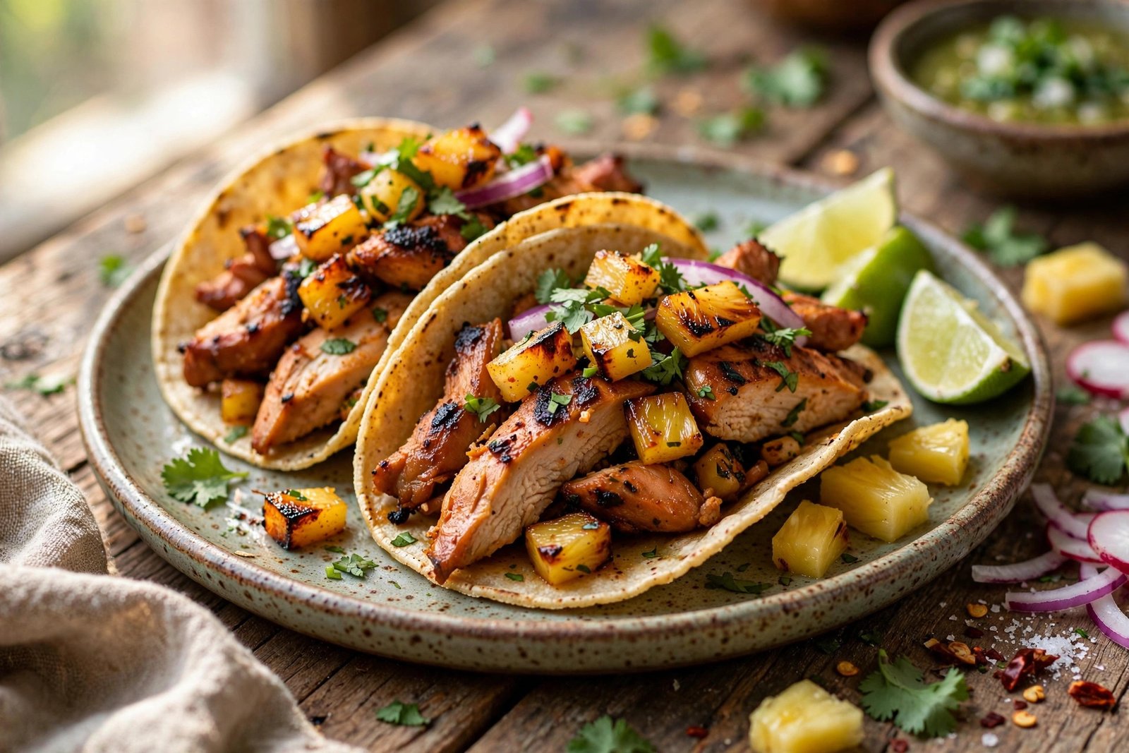 Chicken Tacos Al Pastor served beautifully, ready to eat