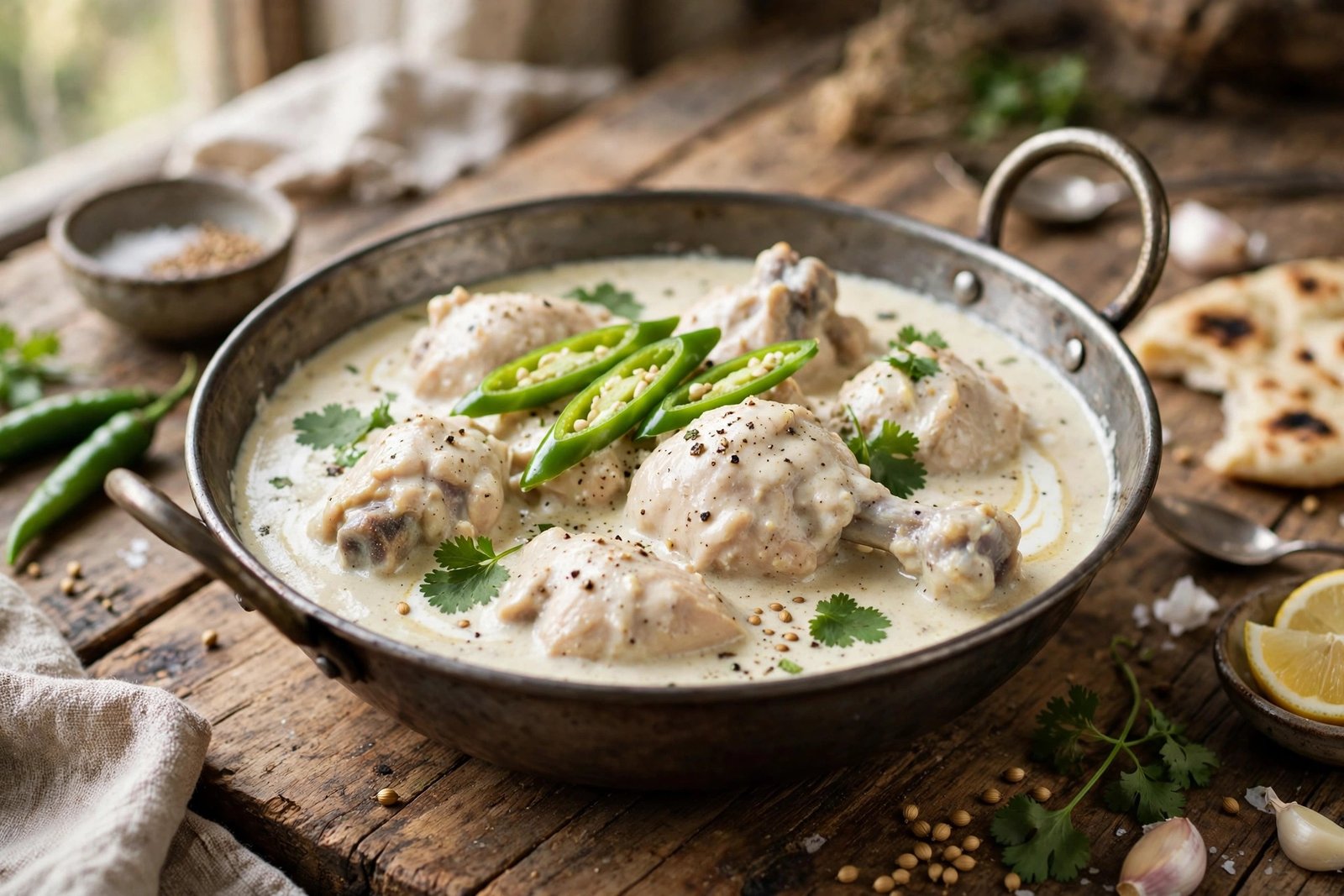 Chicken White Karahi served beautifully, ready to eat