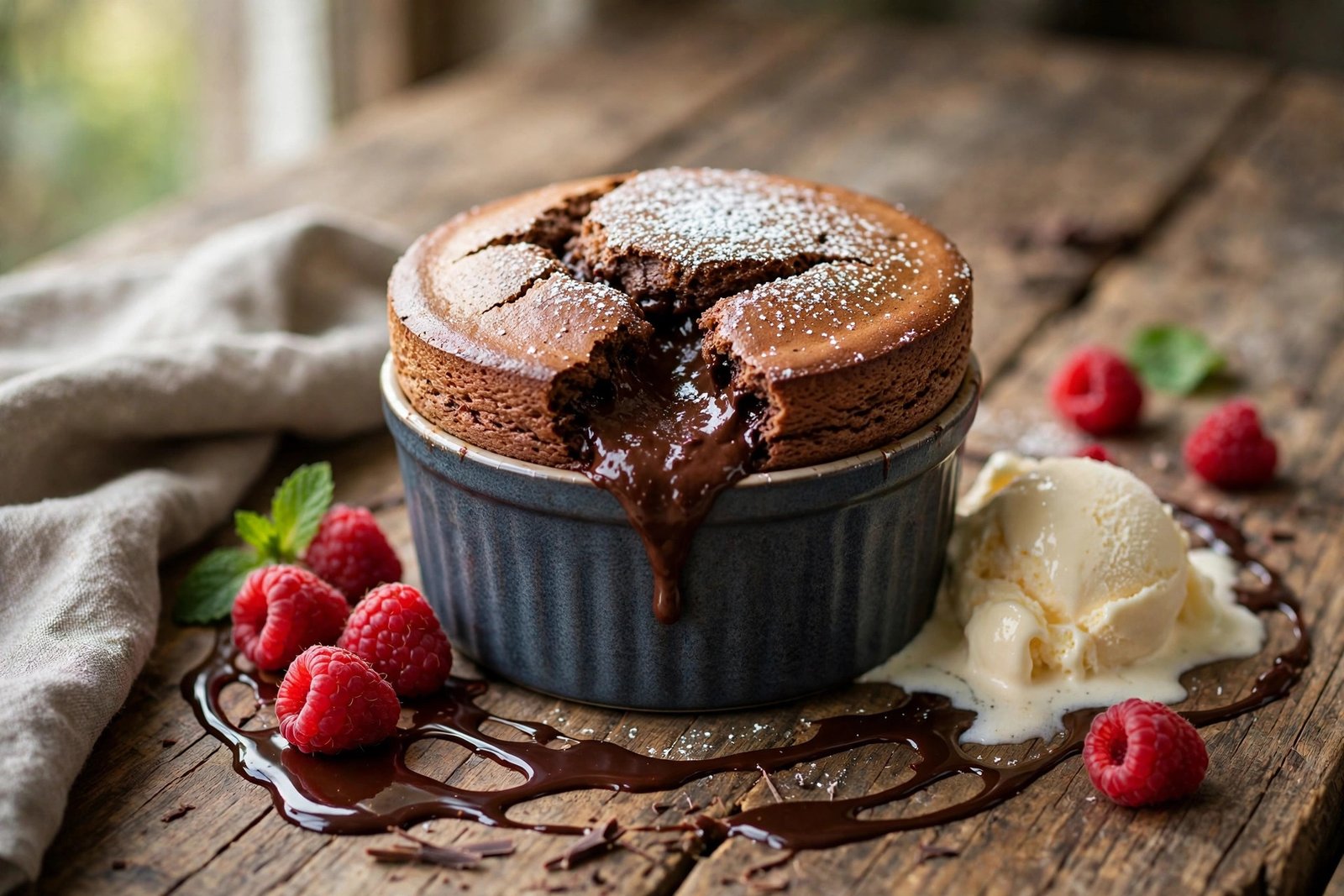 Chocolate Soufflé served beautifully, ready to eat