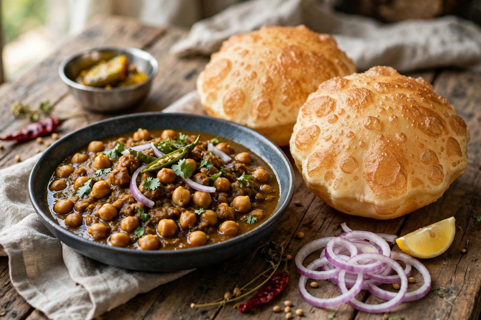 Chole Bhature served beautifully, ready to eat