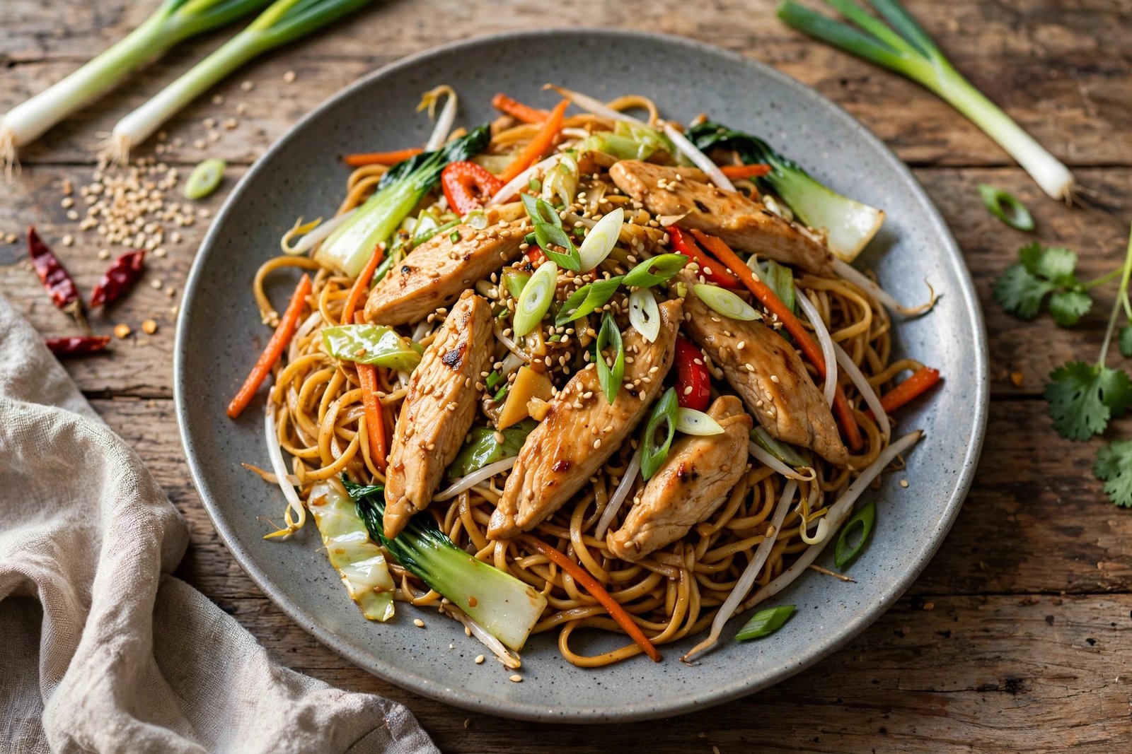 Chicken Chow Mein served beautifully, ready to eat