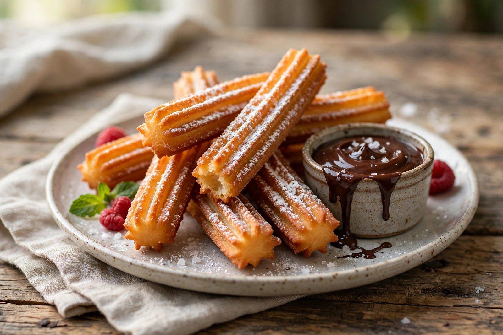 Crispy Churros with Chocolate served beautifully, ready to eat