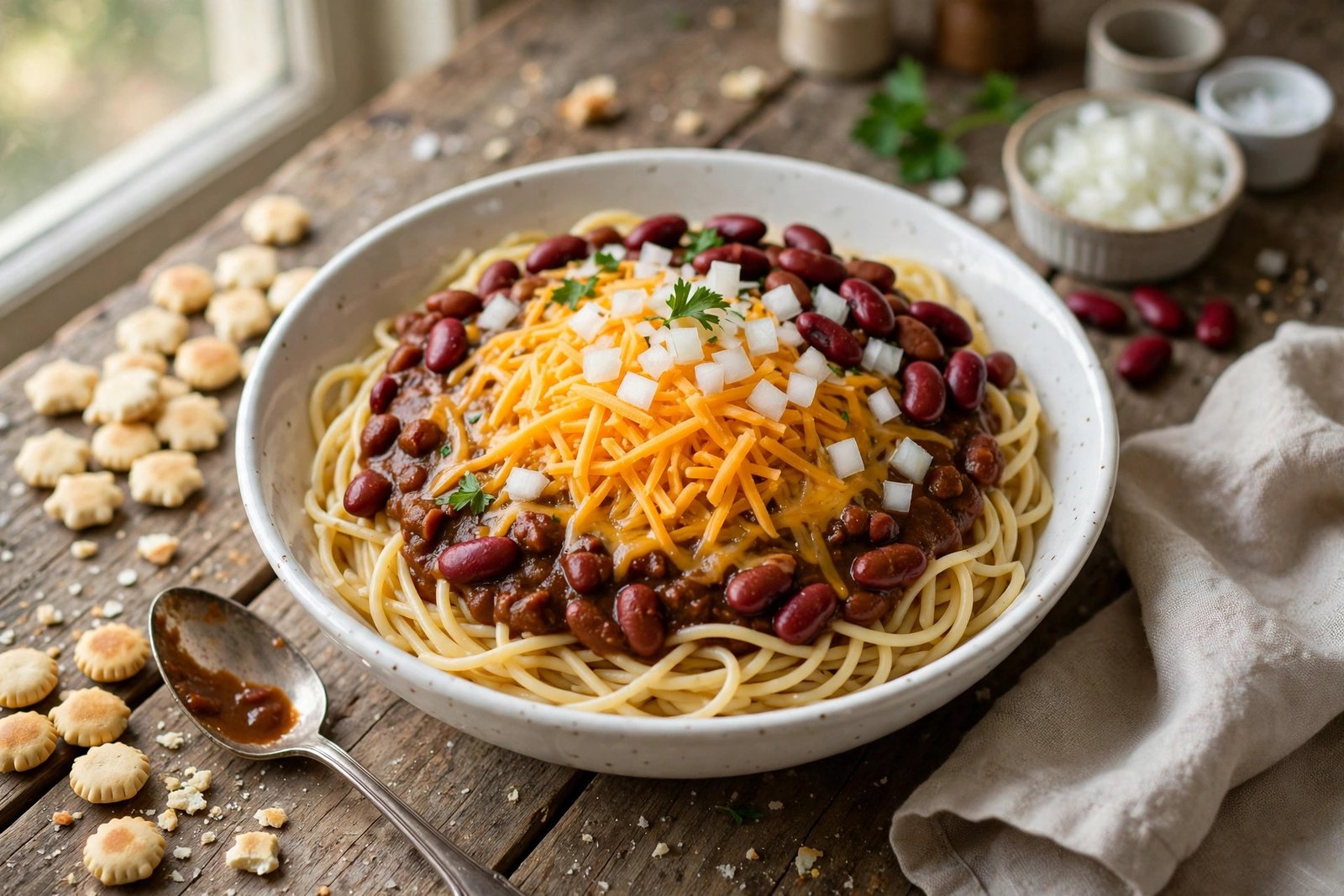 Cincinnati Chili served beautifully, ready to eat