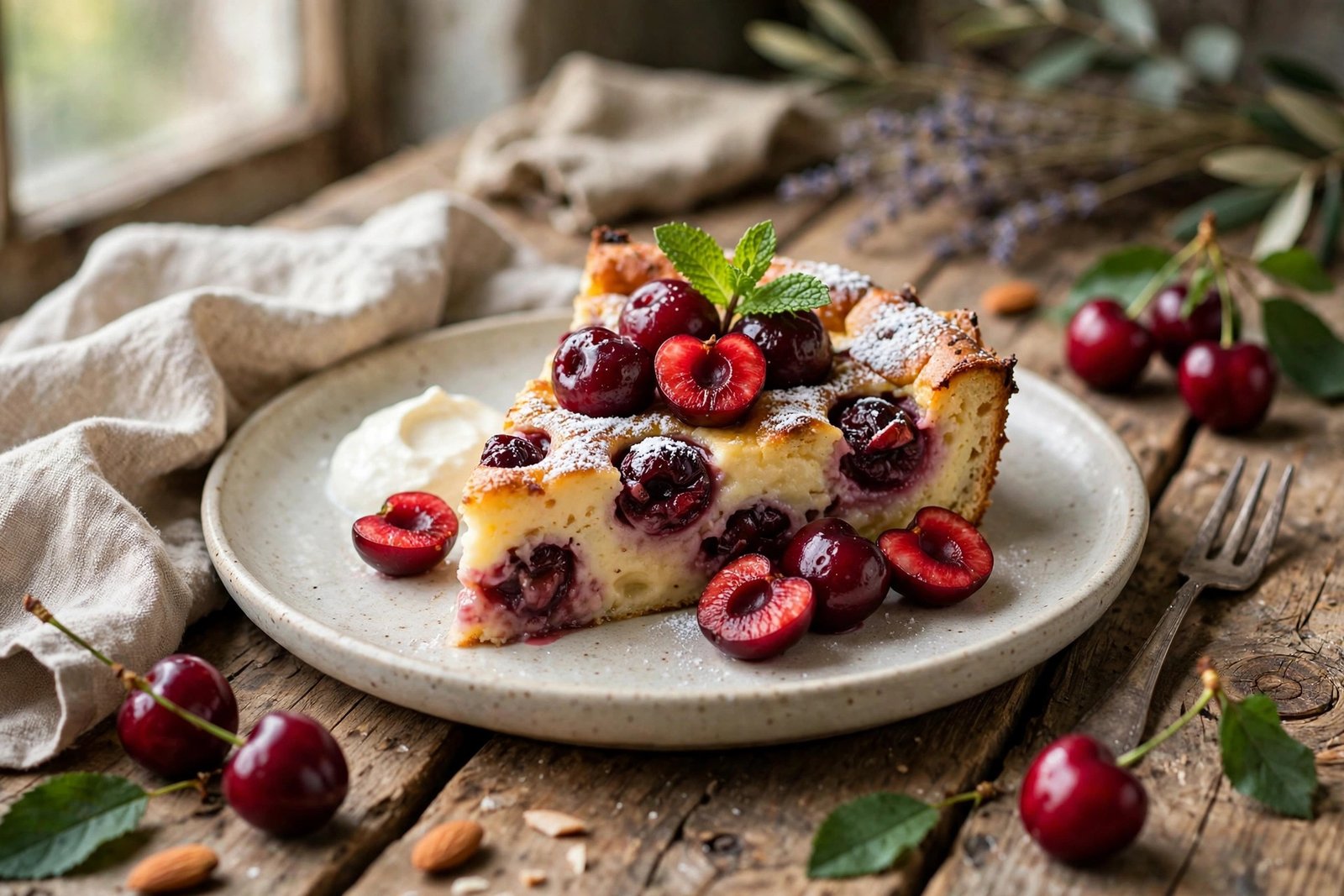 Cherry Clafoutis served beautifully, ready to eat