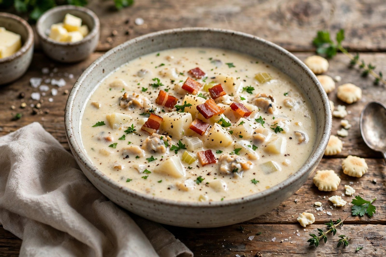 New England Clam Chowder served beautifully, ready to eat