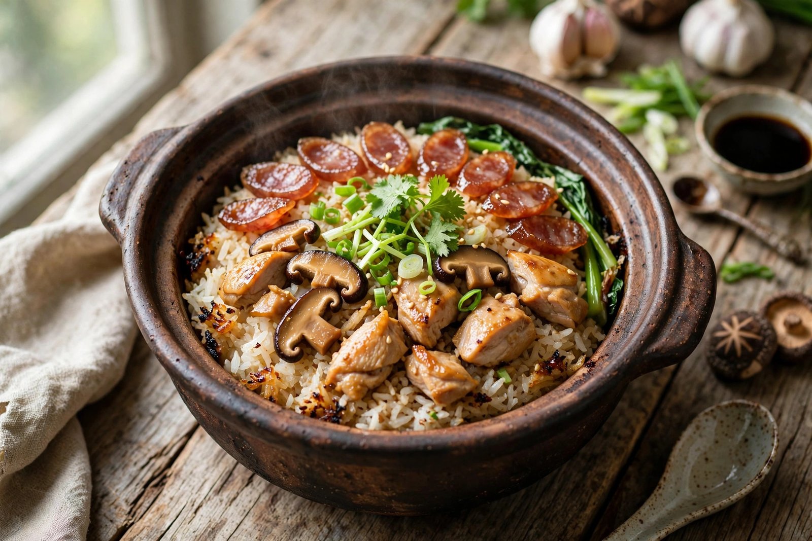 Clay Pot Rice served beautifully, ready to eat