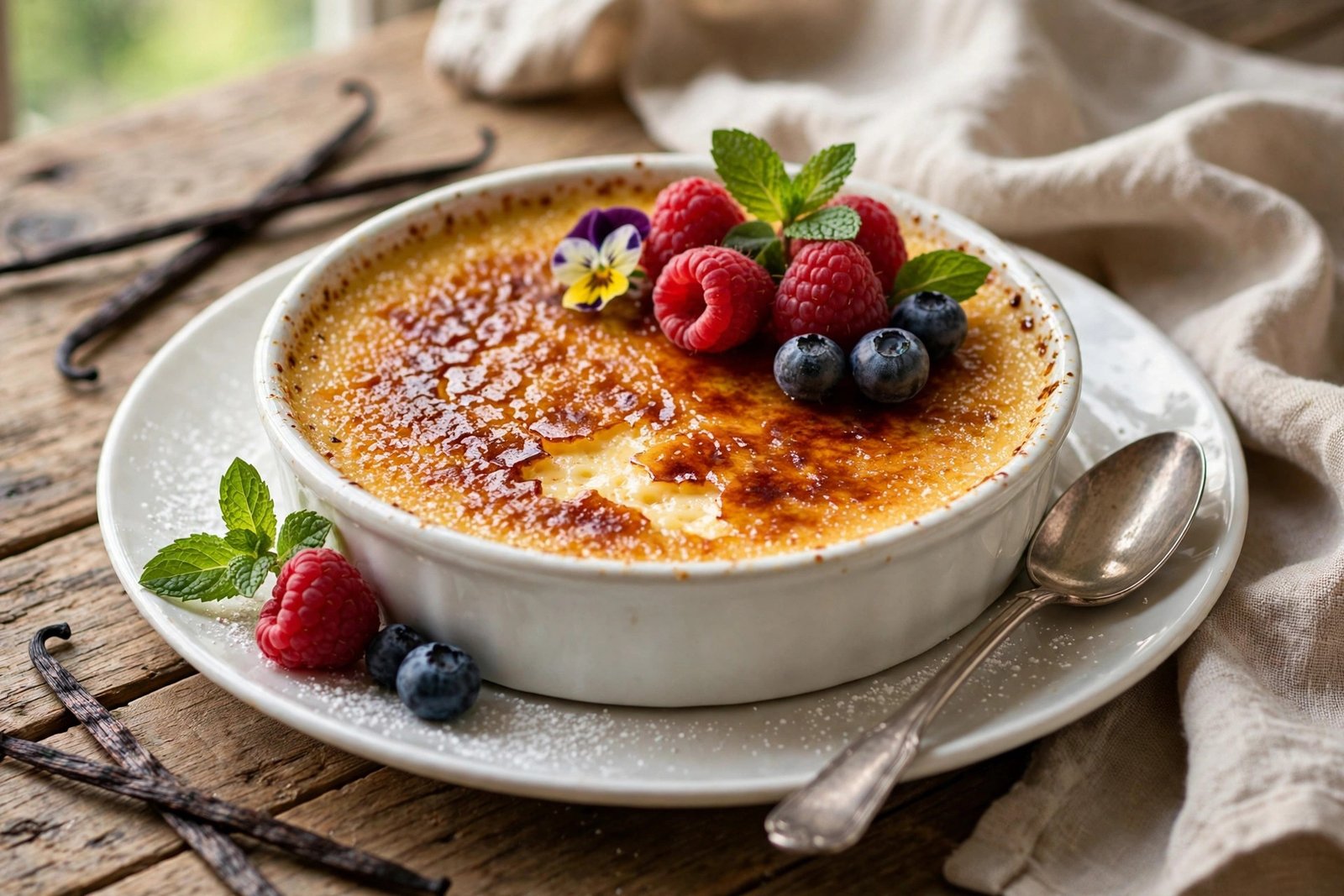 Crème Brûlée served beautifully, ready to eat