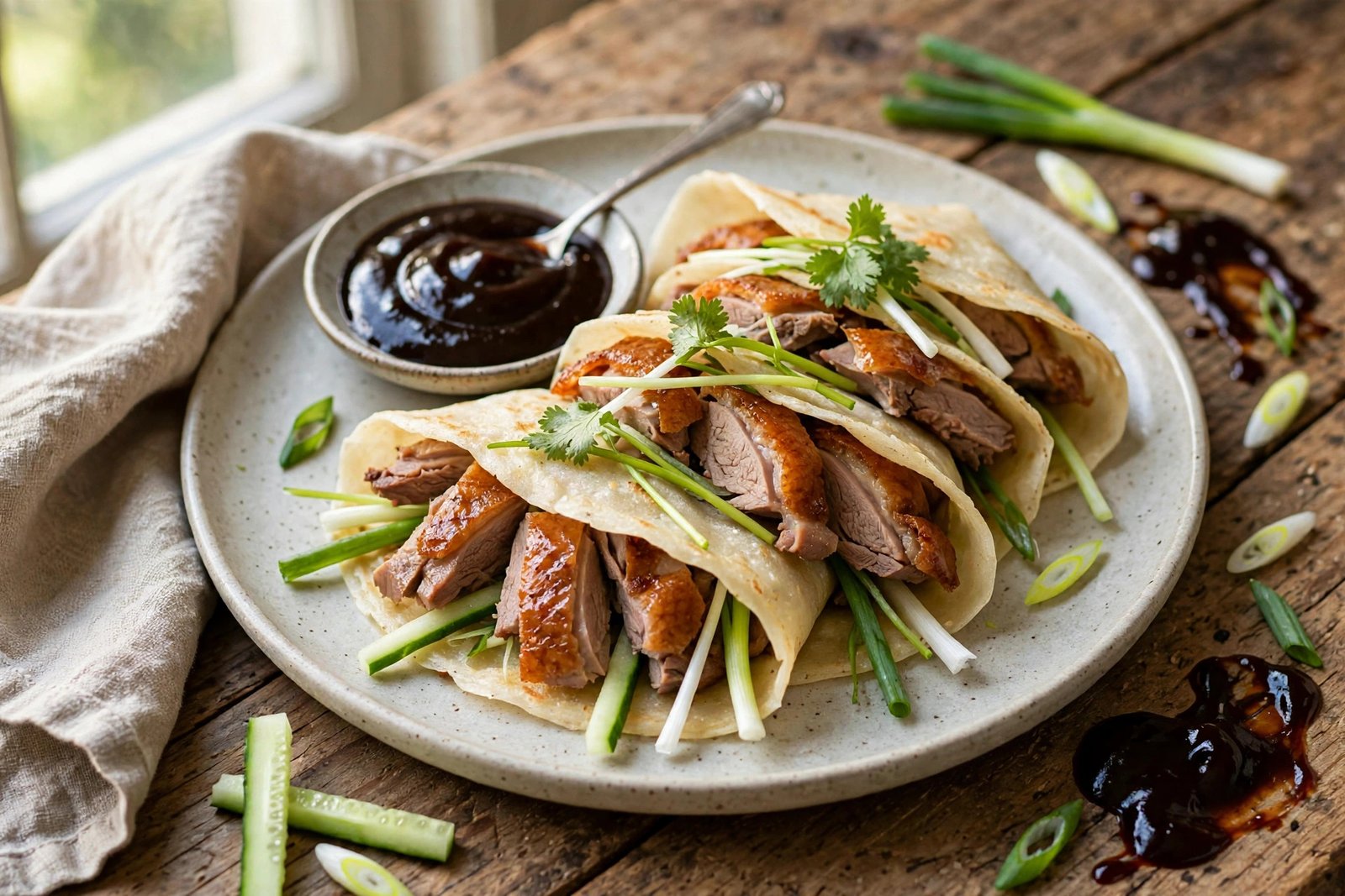Crispy Duck Pancakes served beautifully, ready to eat