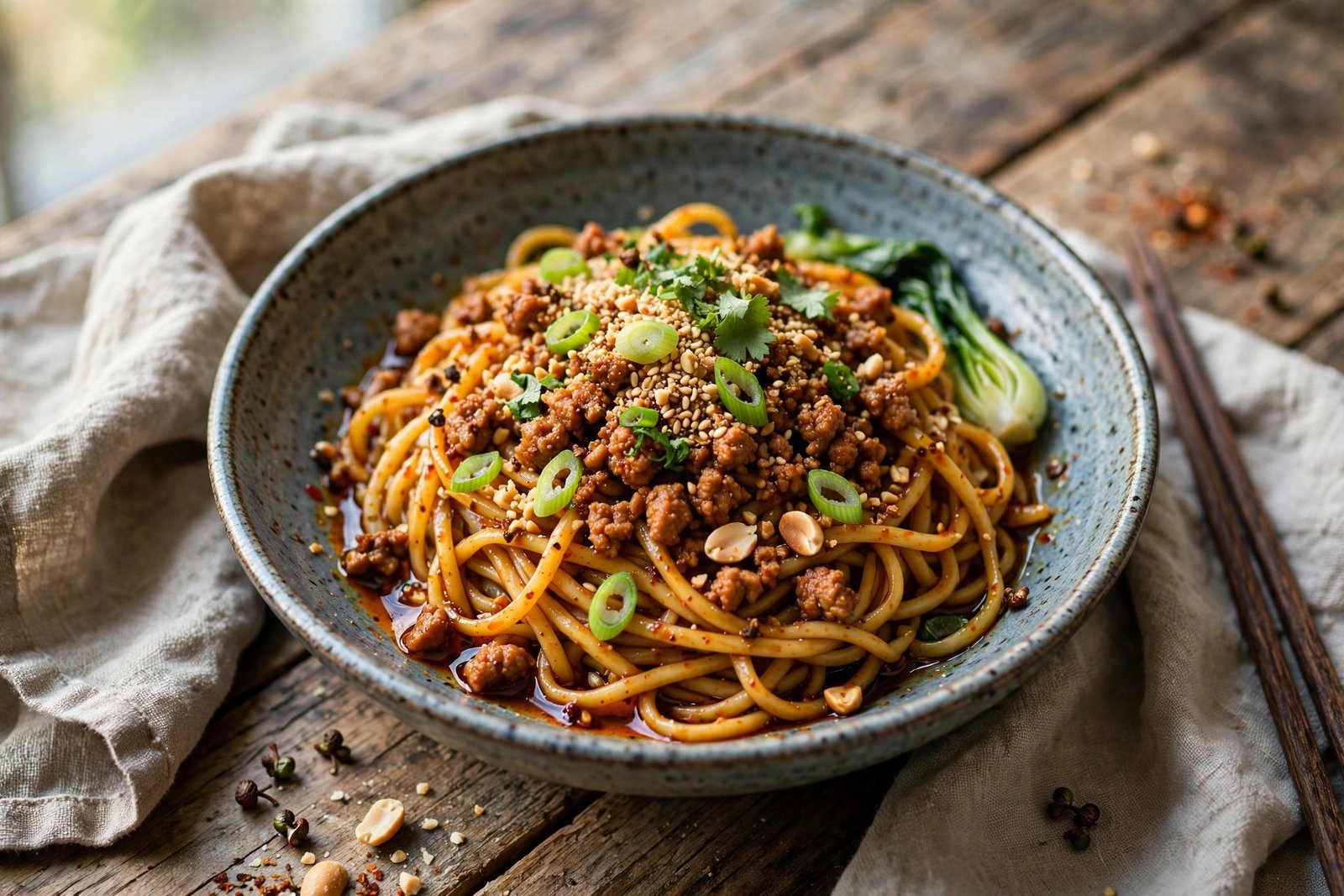 Dan Dan Noodles served beautifully, ready to eat