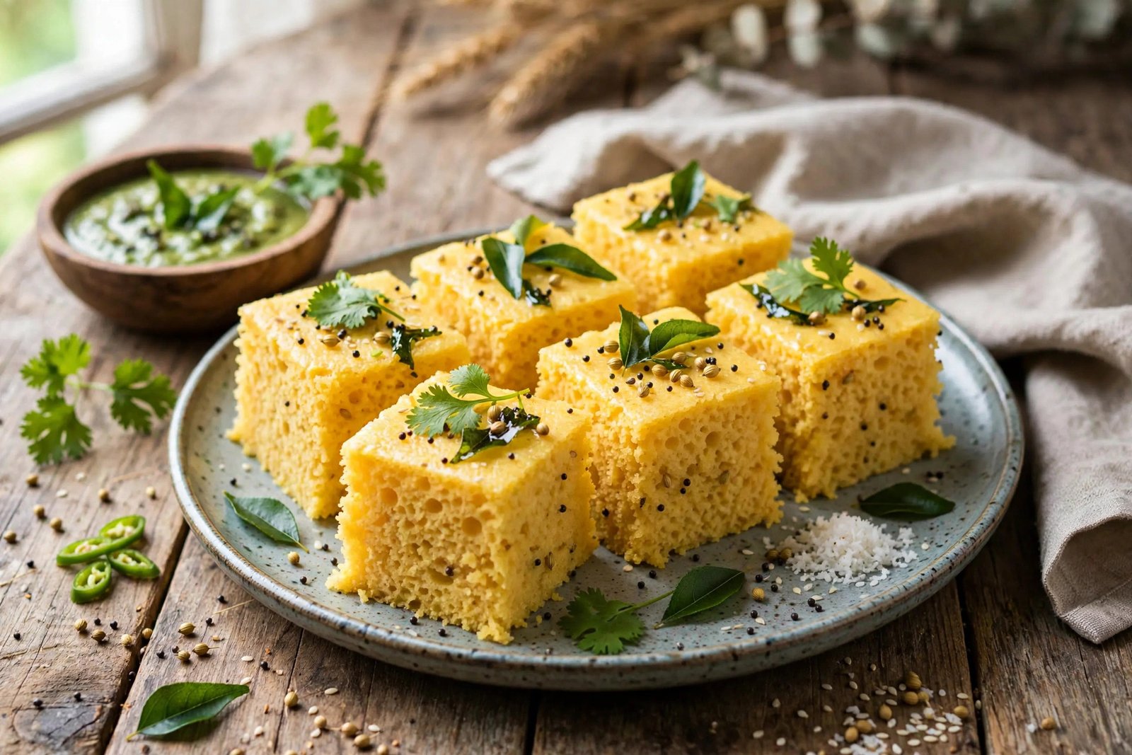 Dhokla served beautifully, ready to eat