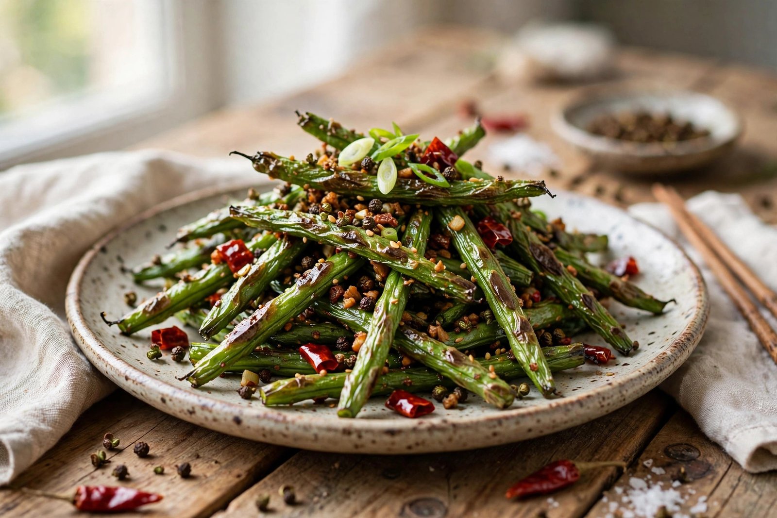 Sichuan Dry-Fried Green Beans served beautifully, ready to eat
