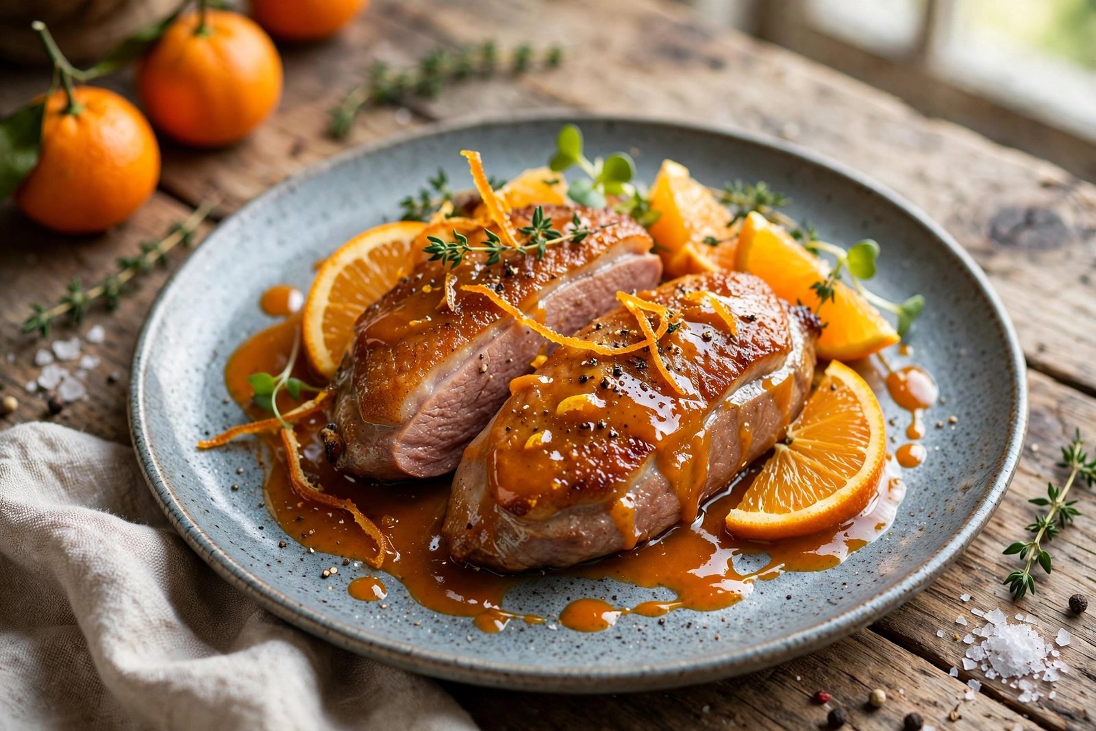 Duck a l'Orange served beautifully, ready to eat