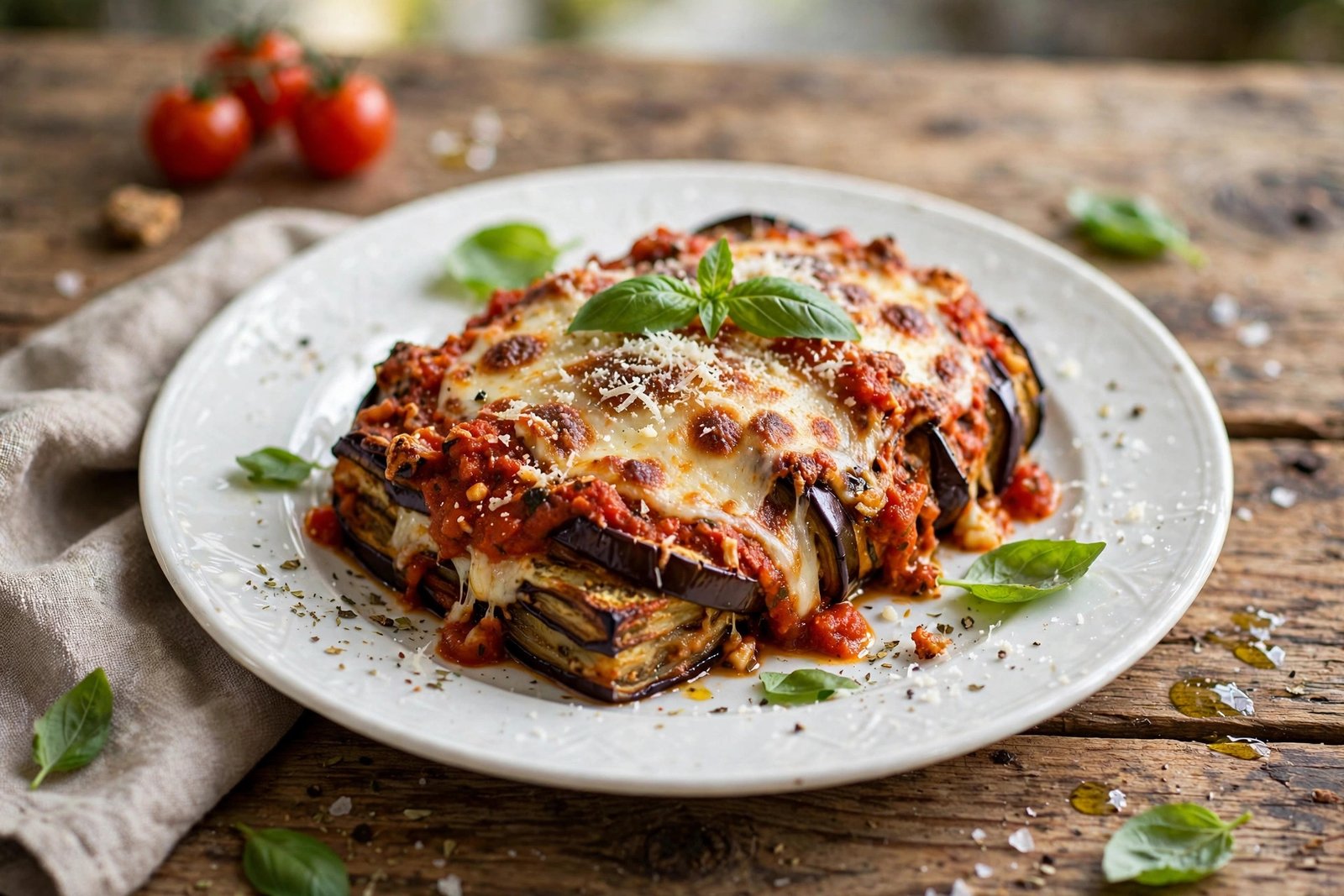 Eggplant Parmesan served beautifully, ready to eat