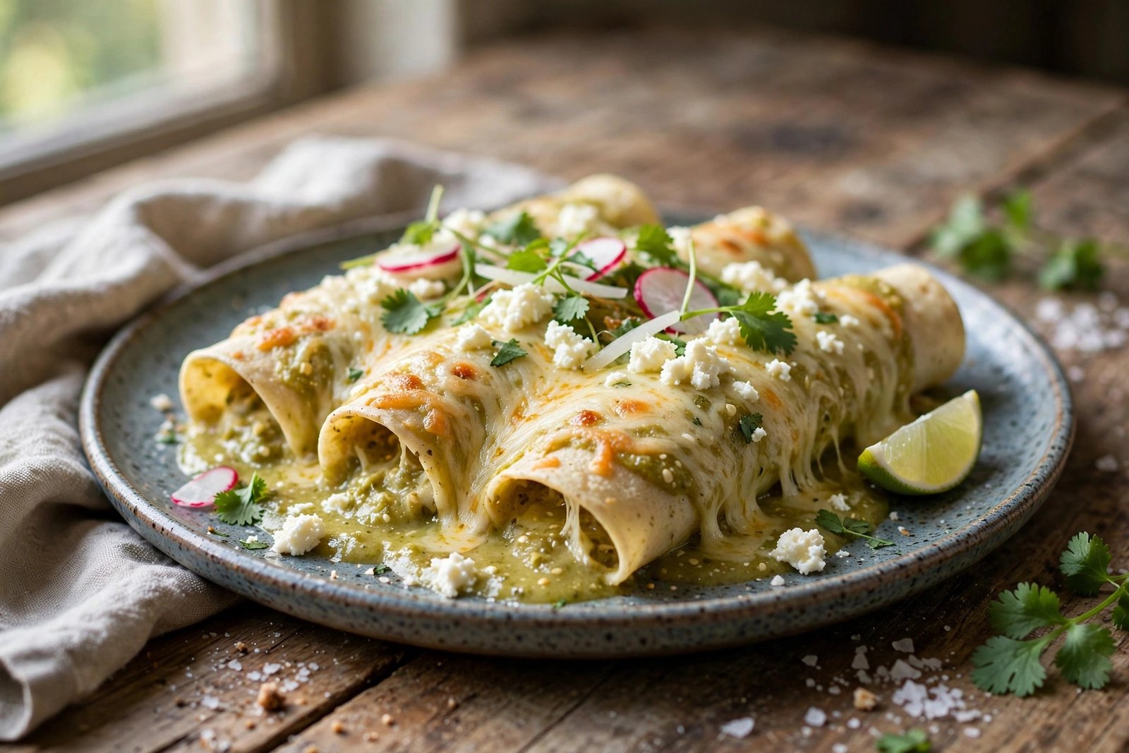 Enchiladas Suizas served beautifully, ready to eat