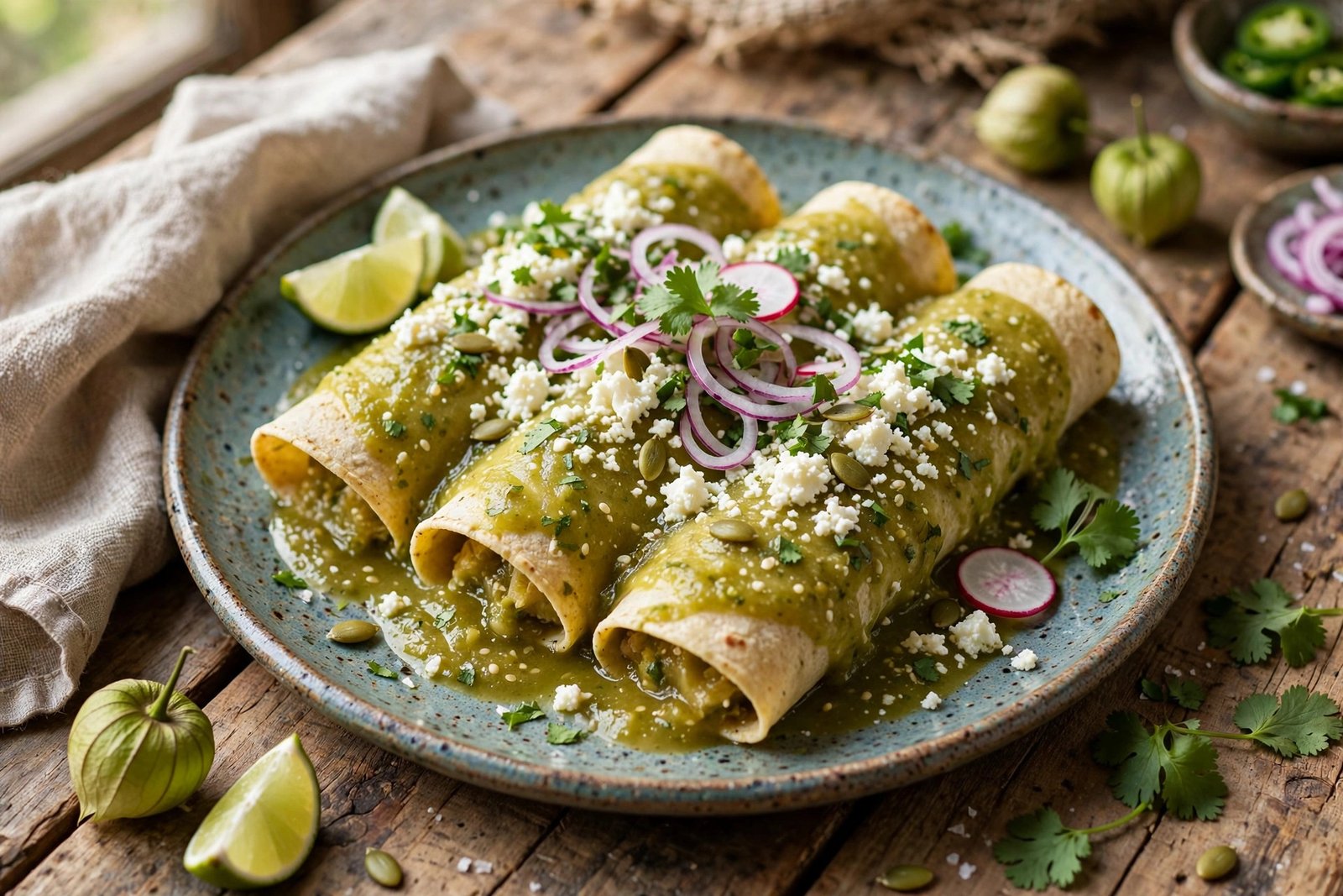 Enchiladas Verdes served beautifully, ready to eat