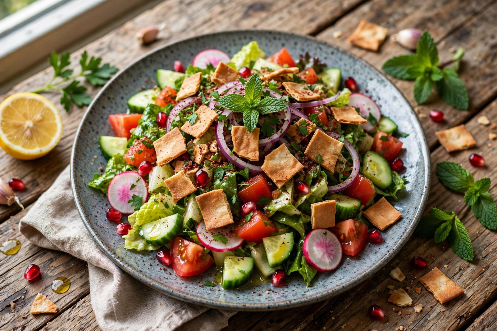 Fattoush Salad served beautifully, ready to eat