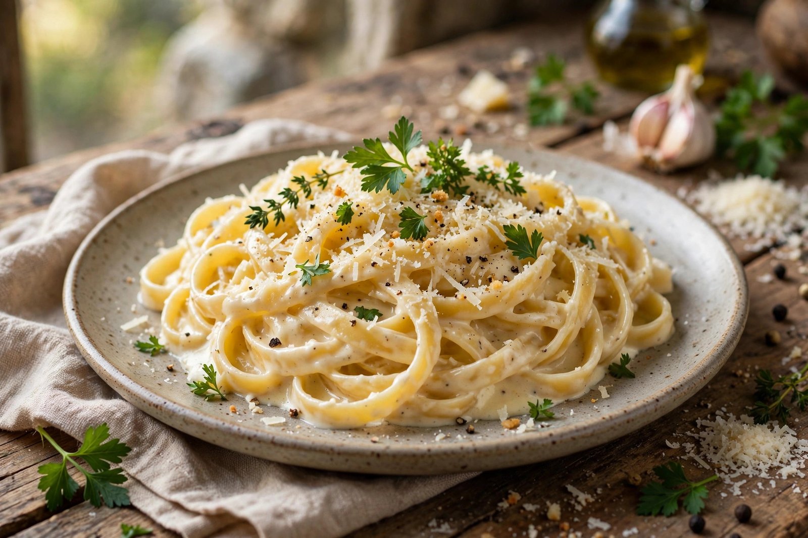 Fettuccine Alfredo served beautifully, ready to eat