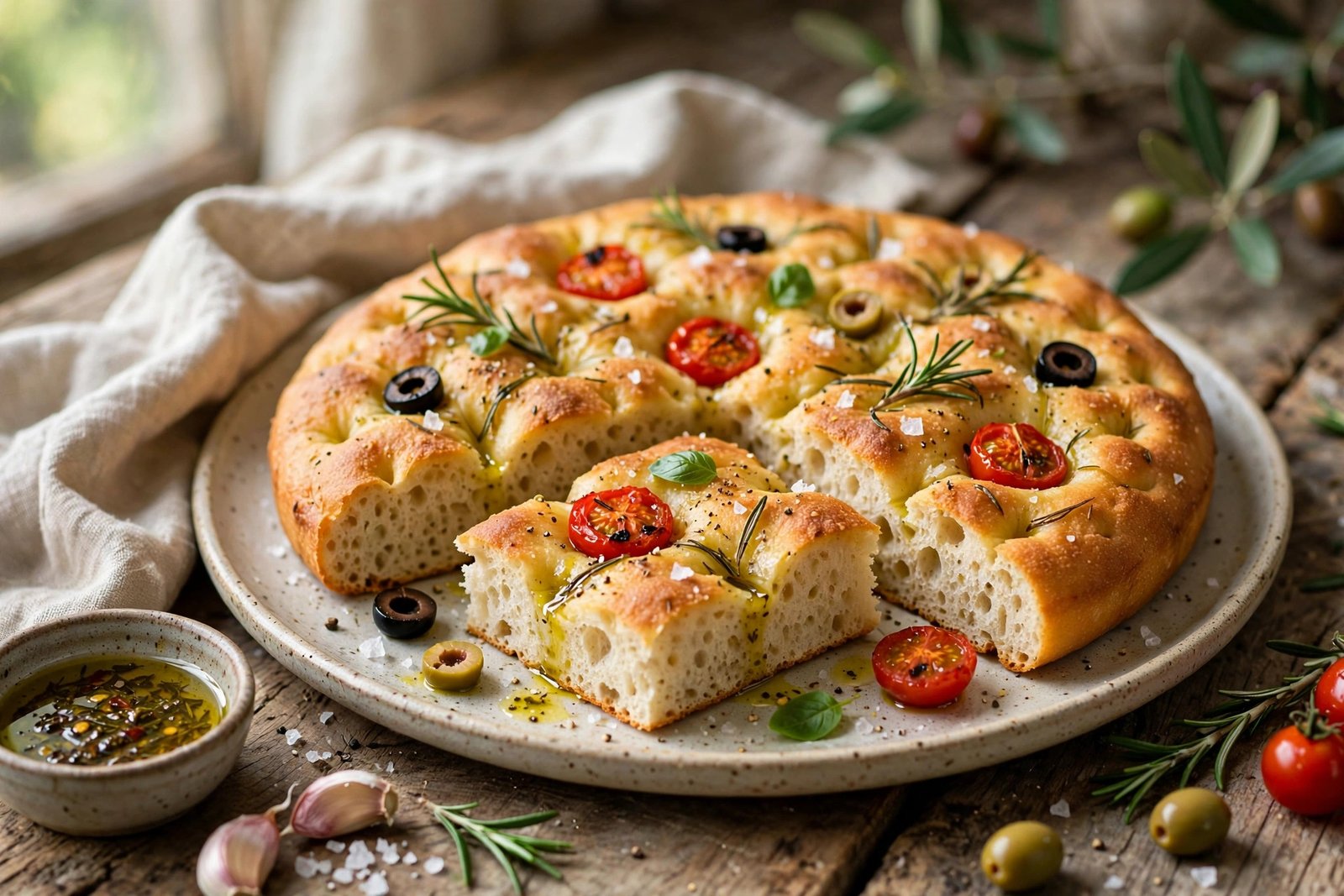 Homemade Focaccia served beautifully, ready to eat