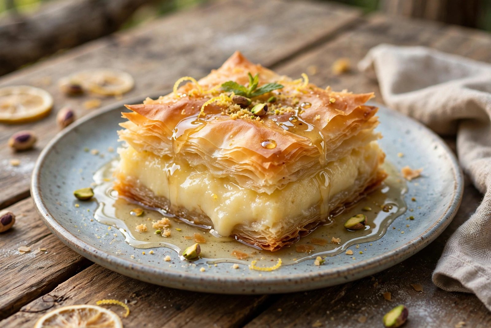 Galaktoboureko served beautifully, ready to eat