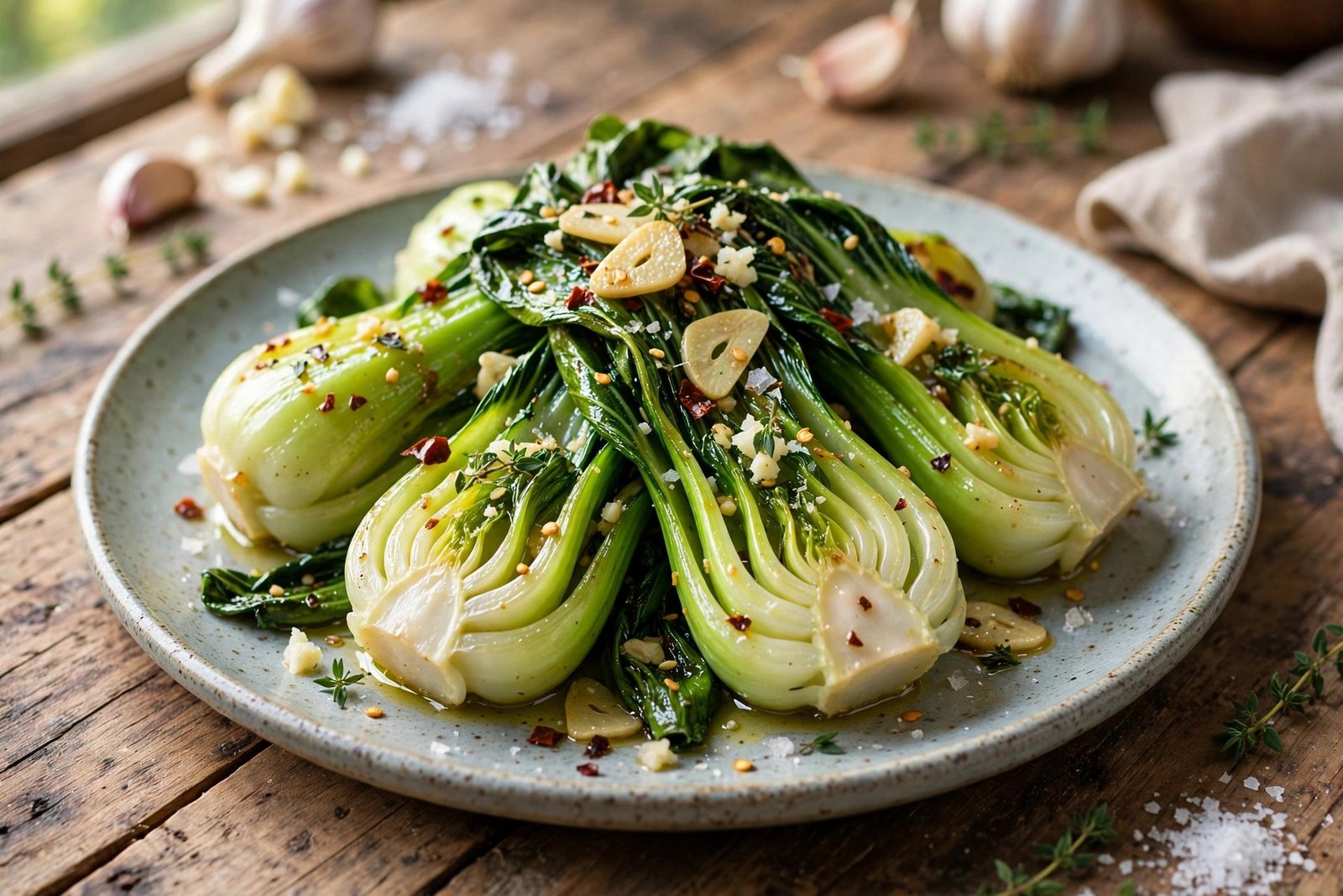 Garlic Bok Choy served beautifully, ready to eat