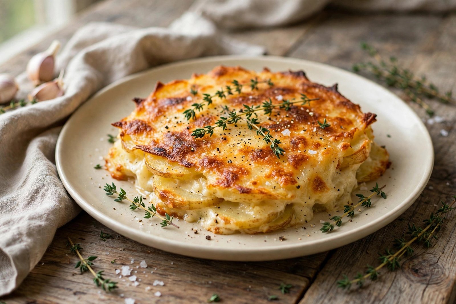 Gratin Dauphinois served beautifully, ready to eat