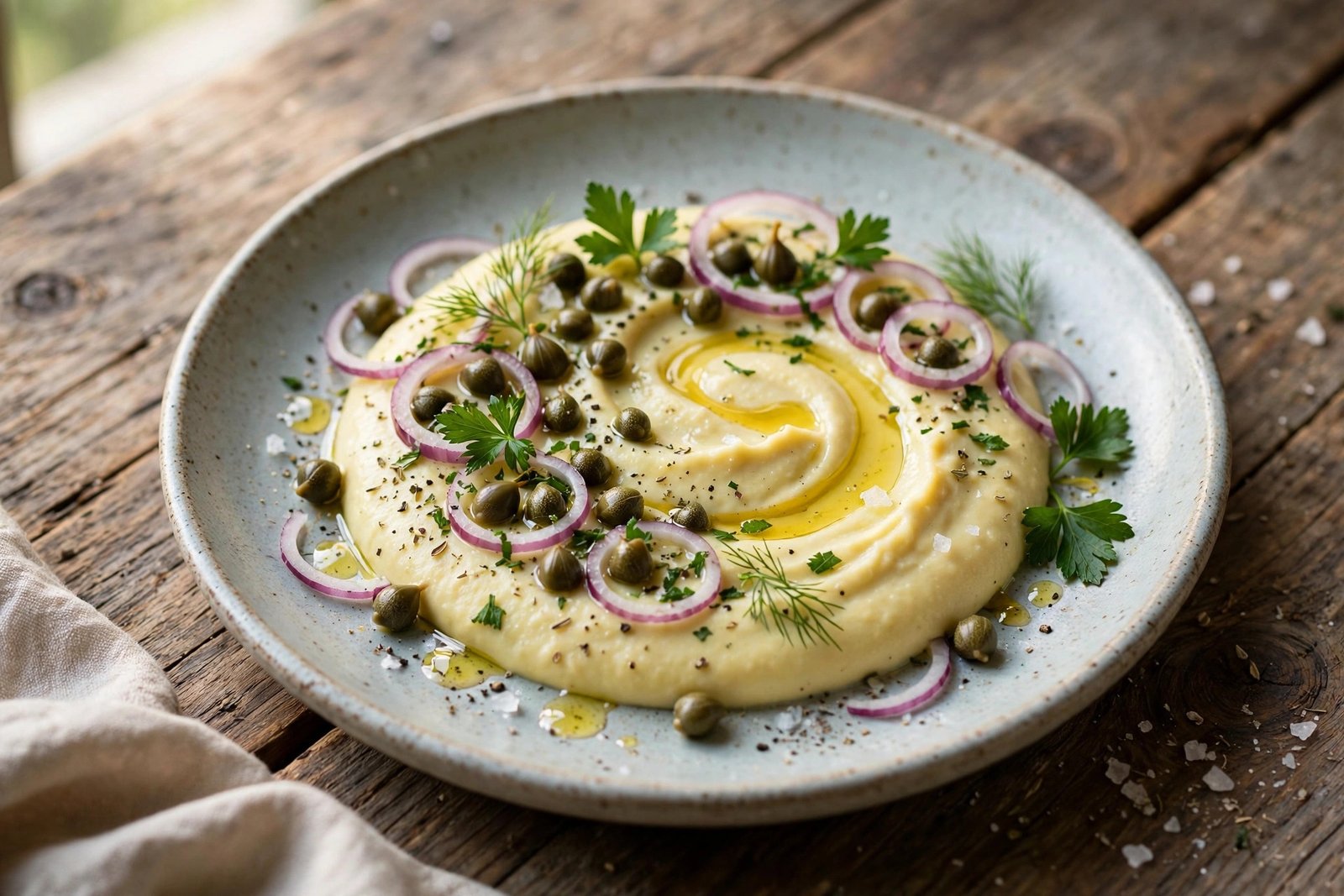 Greek Fava served beautifully, ready to eat