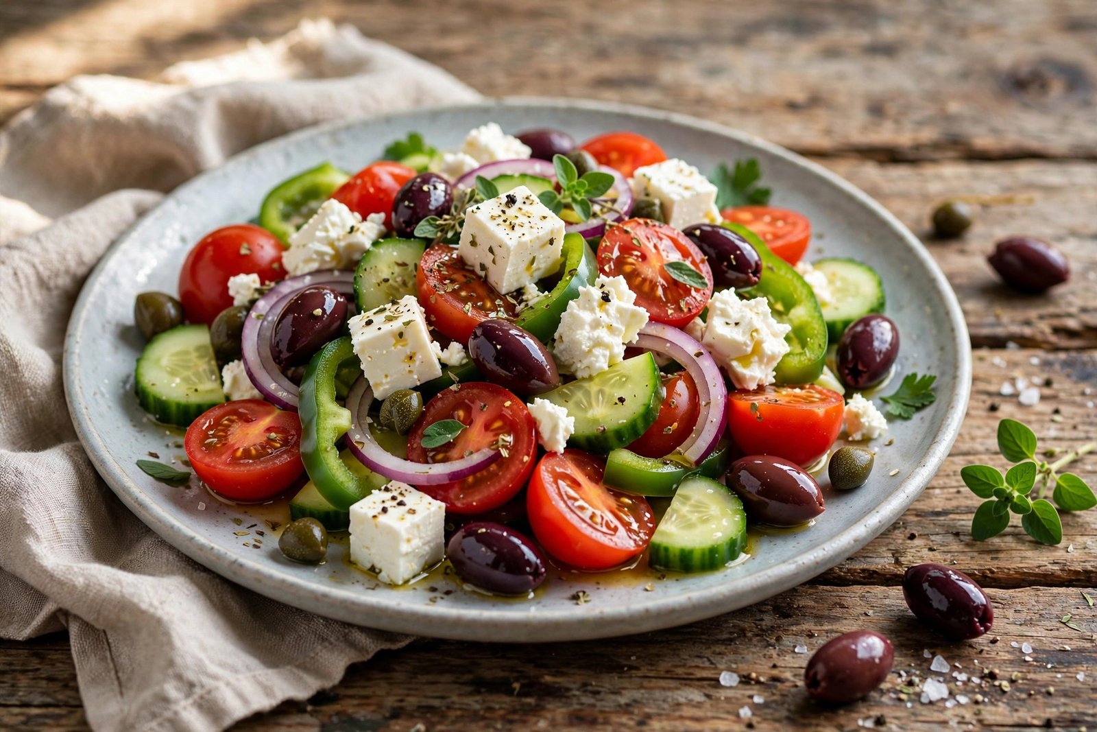 Greek Salad served beautifully, ready to eat